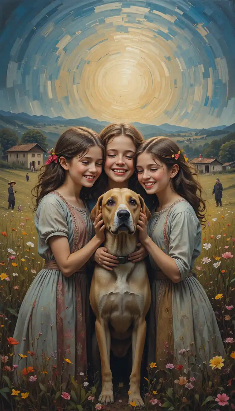 Joyful children with a dog in abstract sunset village scene