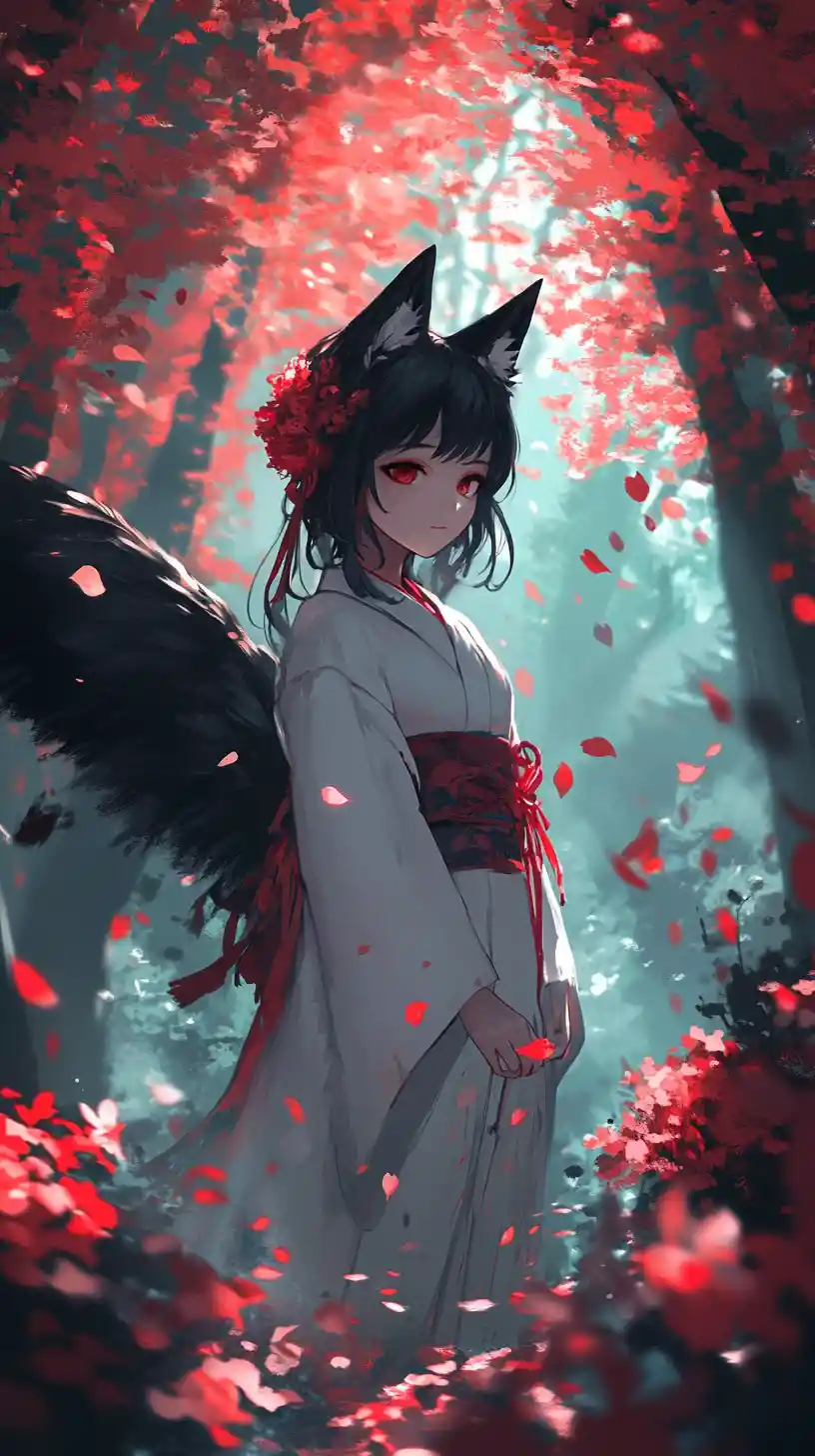Anime fox girl in white kimono among cherry blossoms