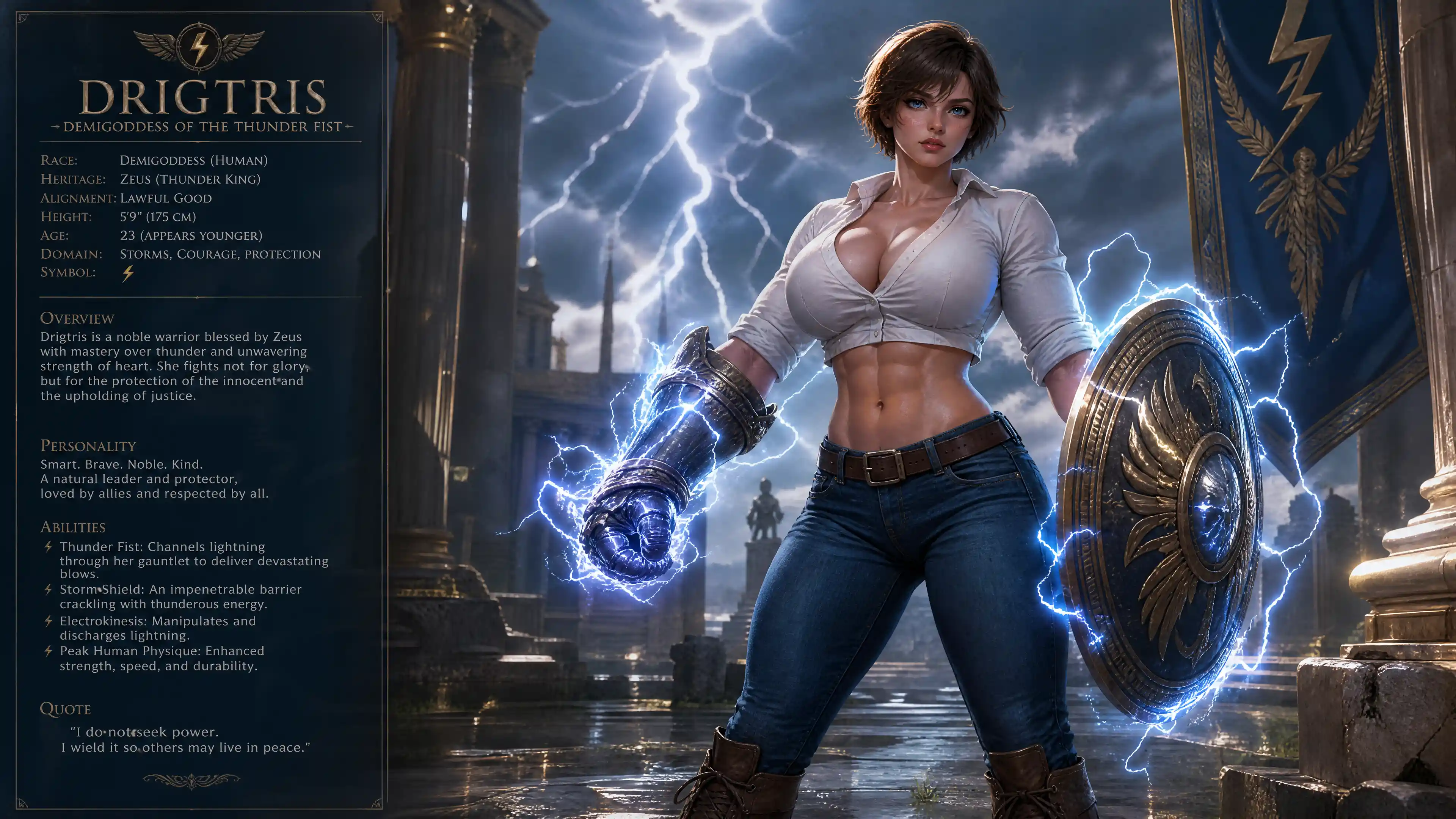 Thunder demigoddess woman with gauntlet and shield in casual clothes