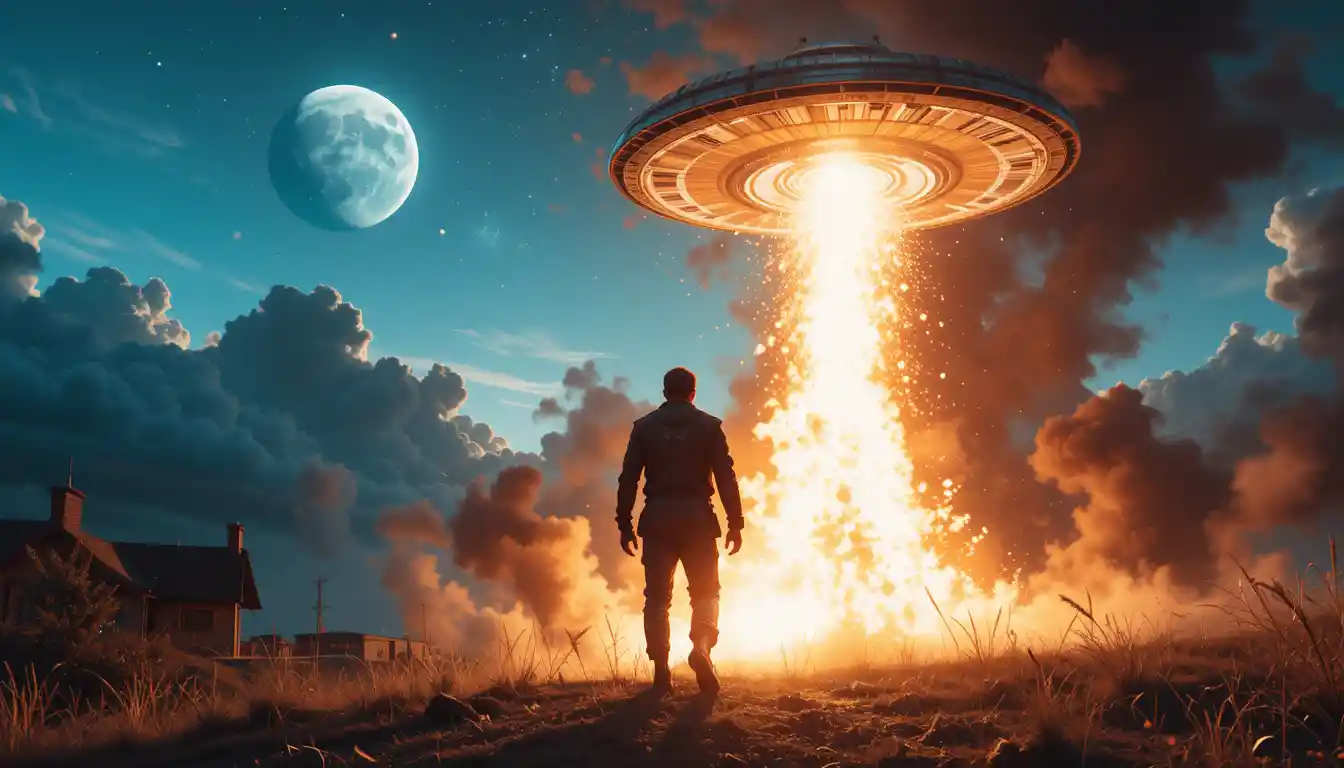 Man attacked by ufo in an explosive lunar scene