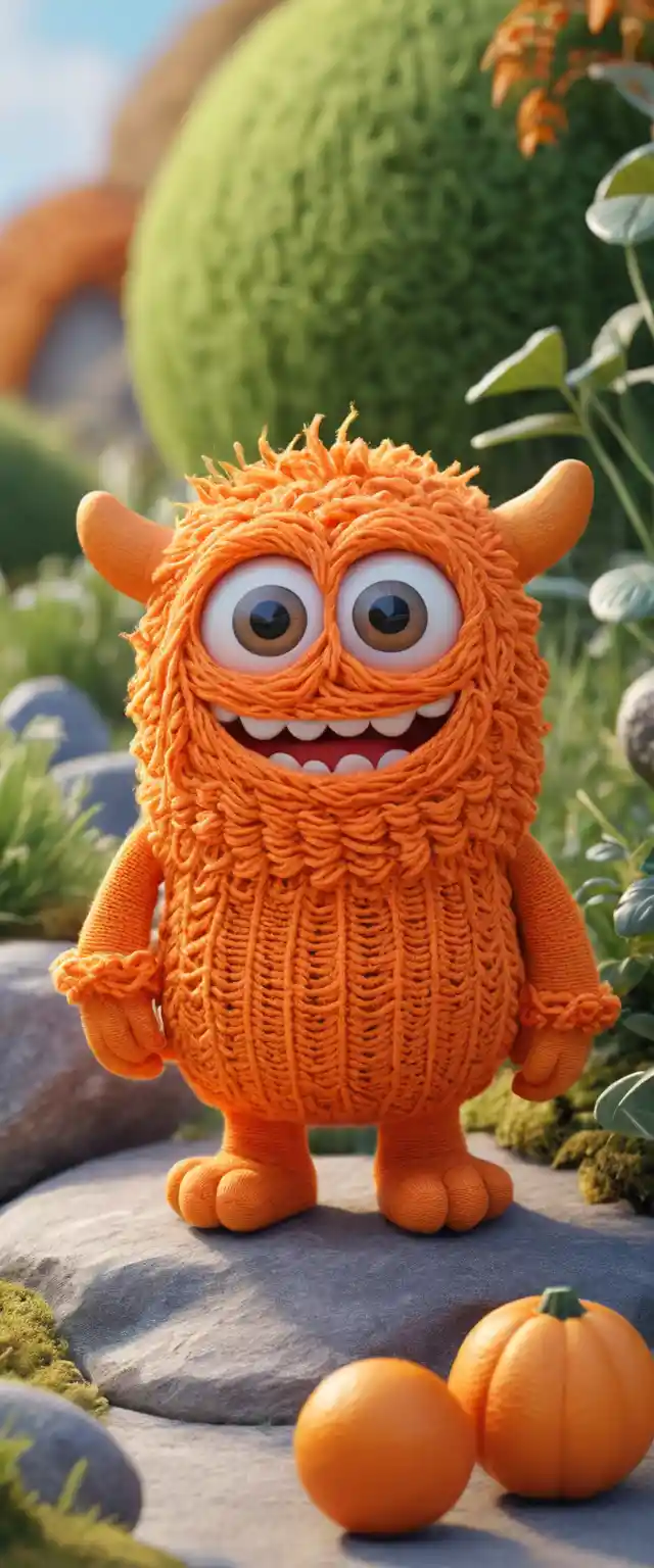 Cute orange 3D kawaii monster character in plush style