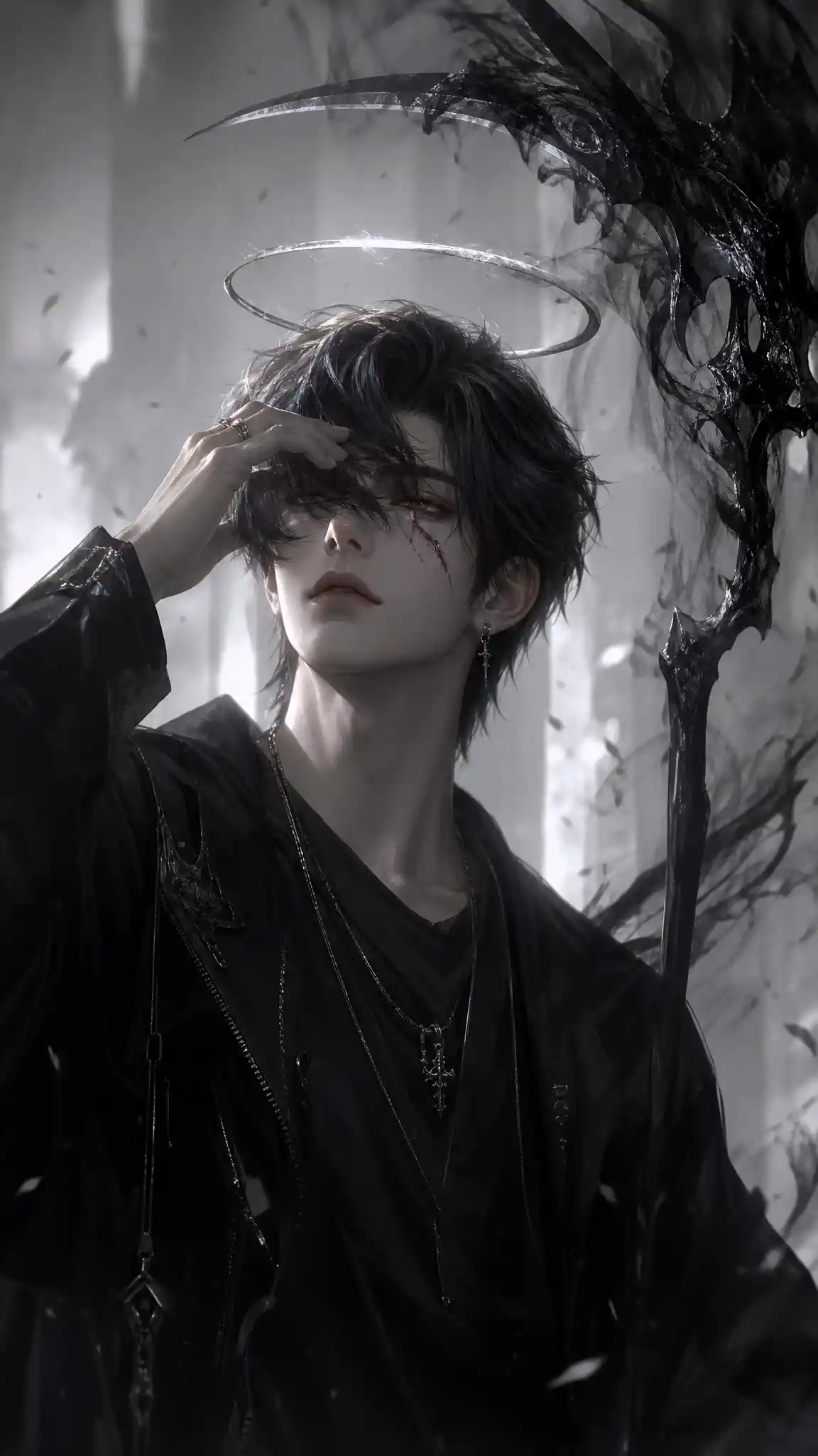 Young man lifting dark bangs to reveal a scarred eye