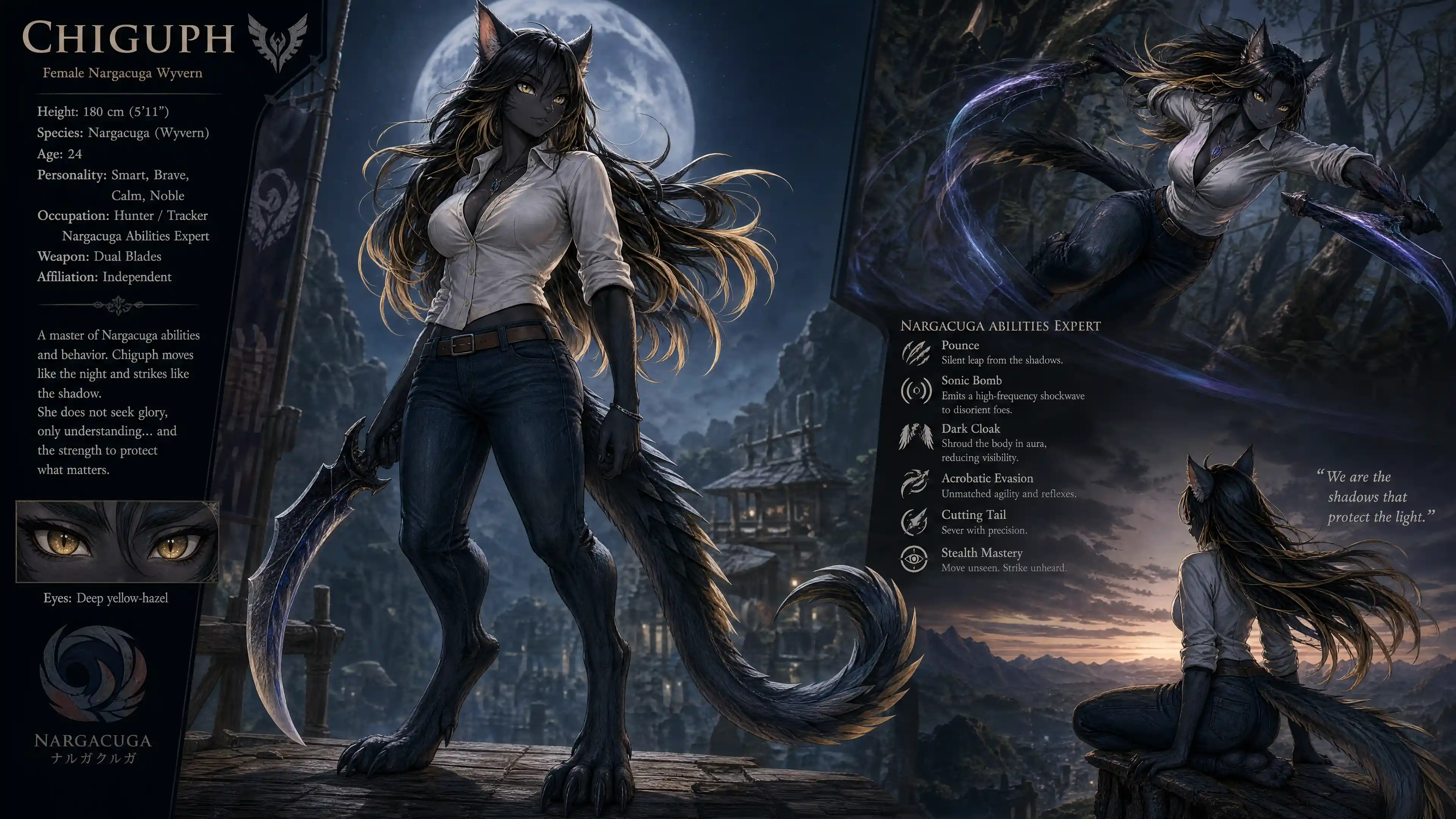 Calm female wyvern anthro with gold tipped black hair