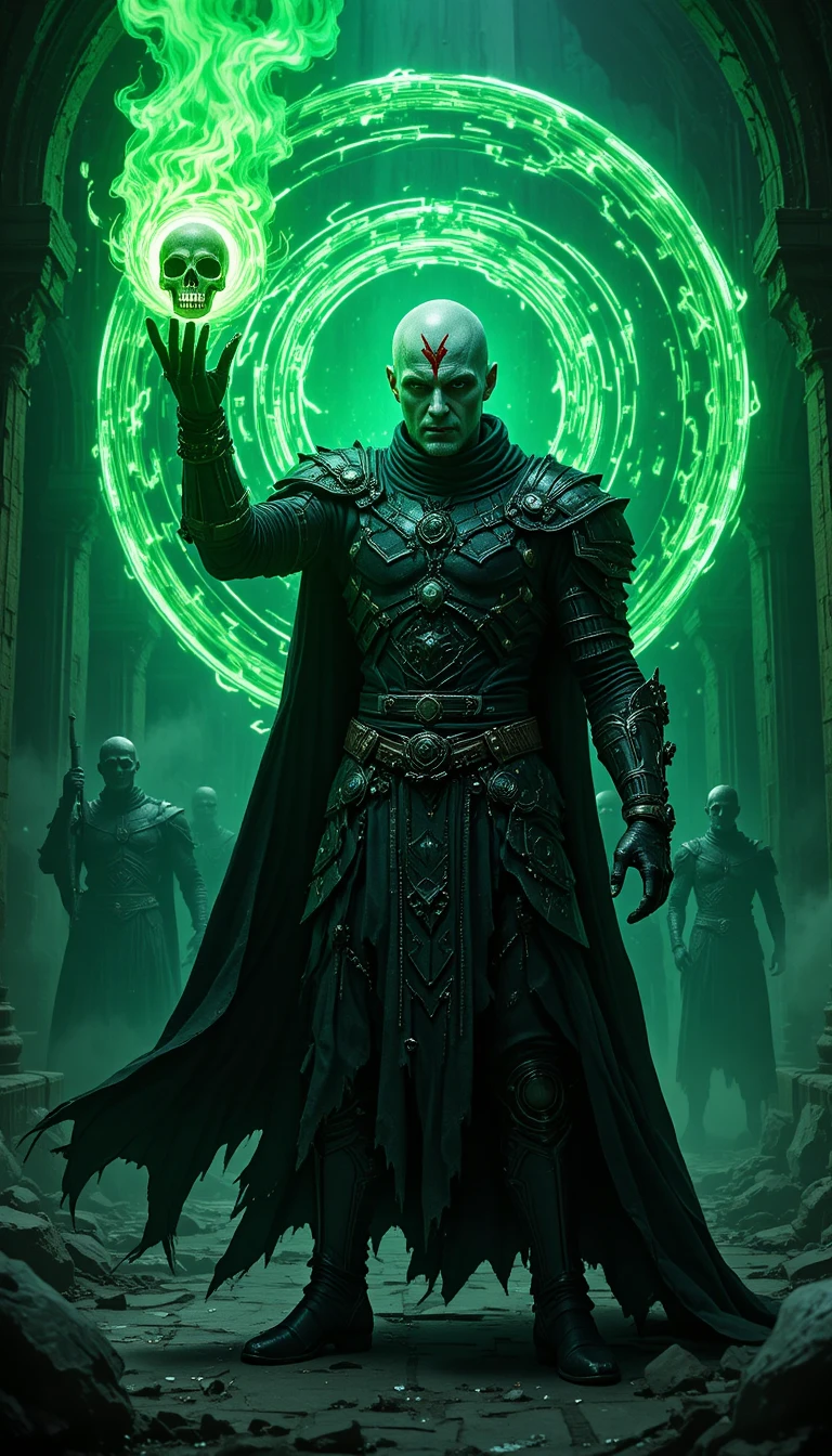 Dark sorcerer warrior in a ruined gothic temple