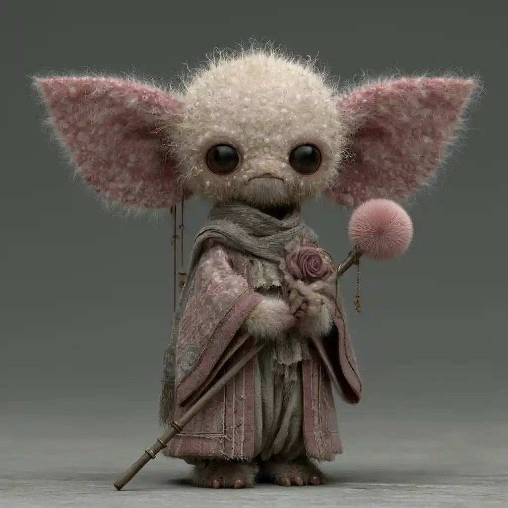 Small plump fantasy creature on a dark void background