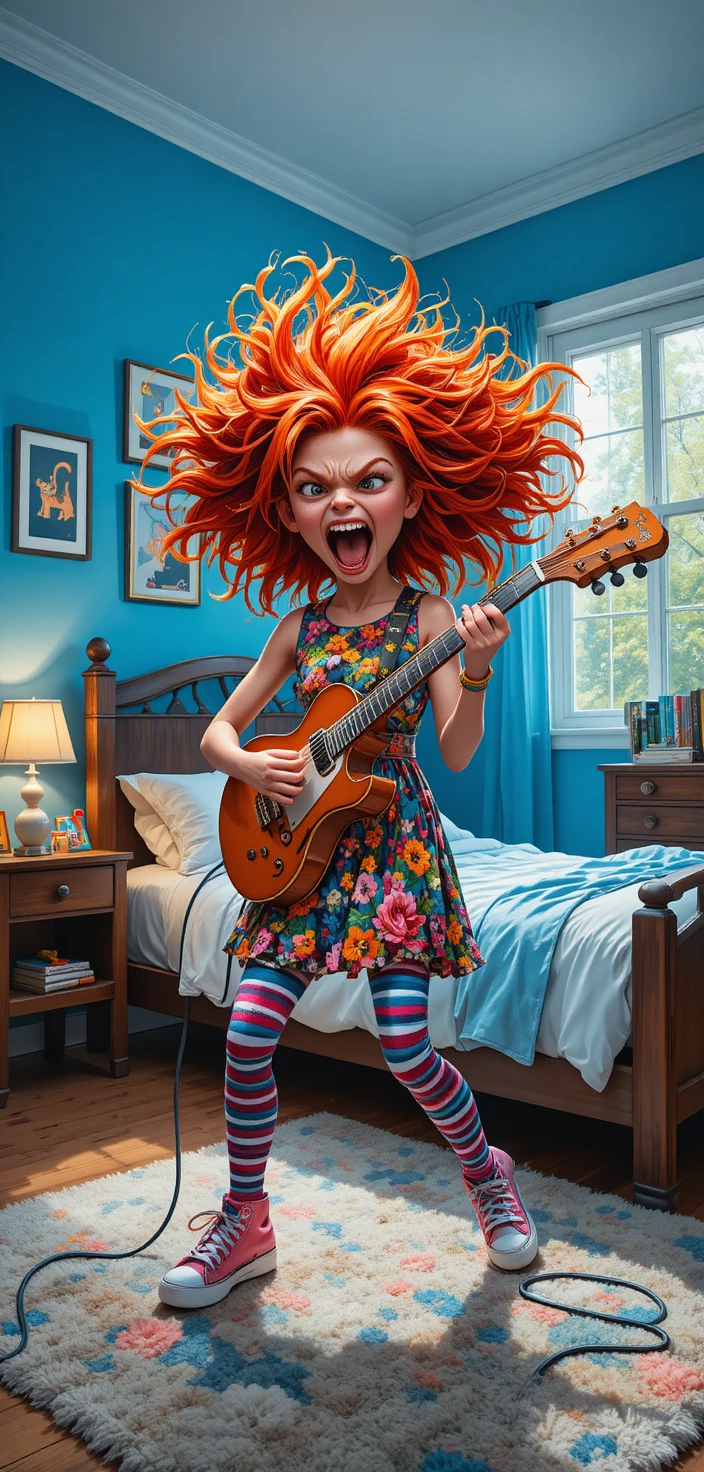 Red haired girl rocking an electric violin in bedroom