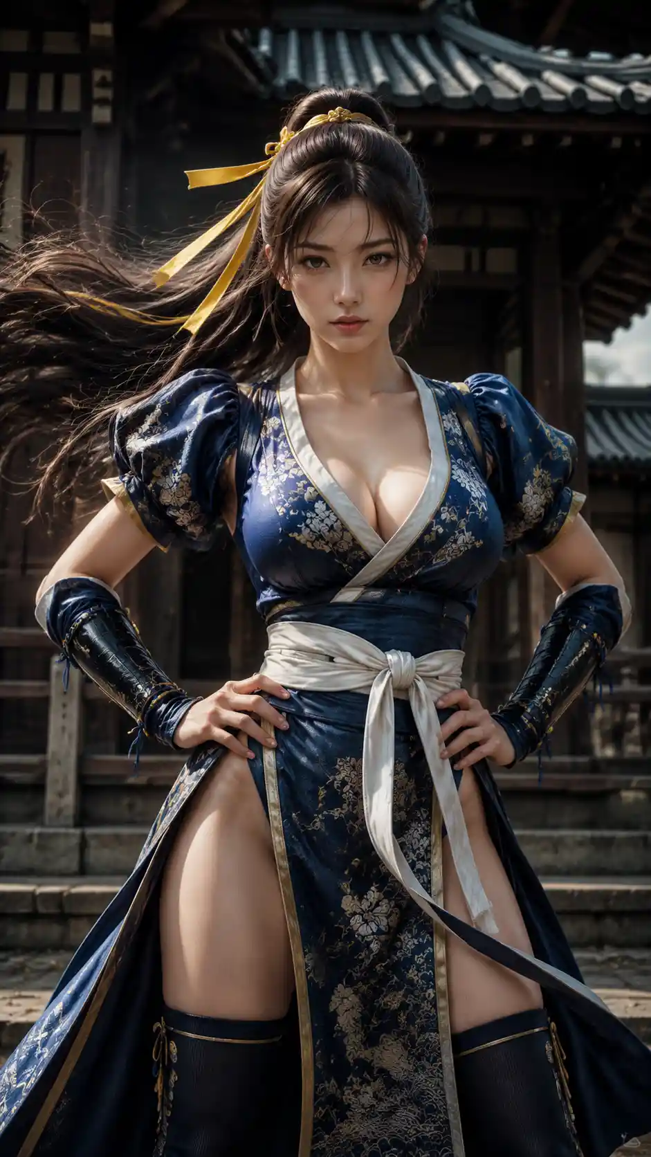 Japanese warrior woman in ornate blue kimono armor