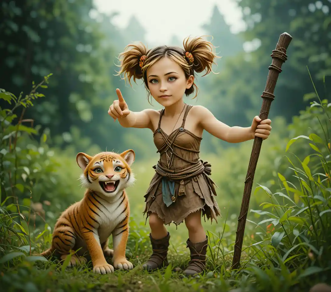 Cave girl with staff and tiger cub in green forest