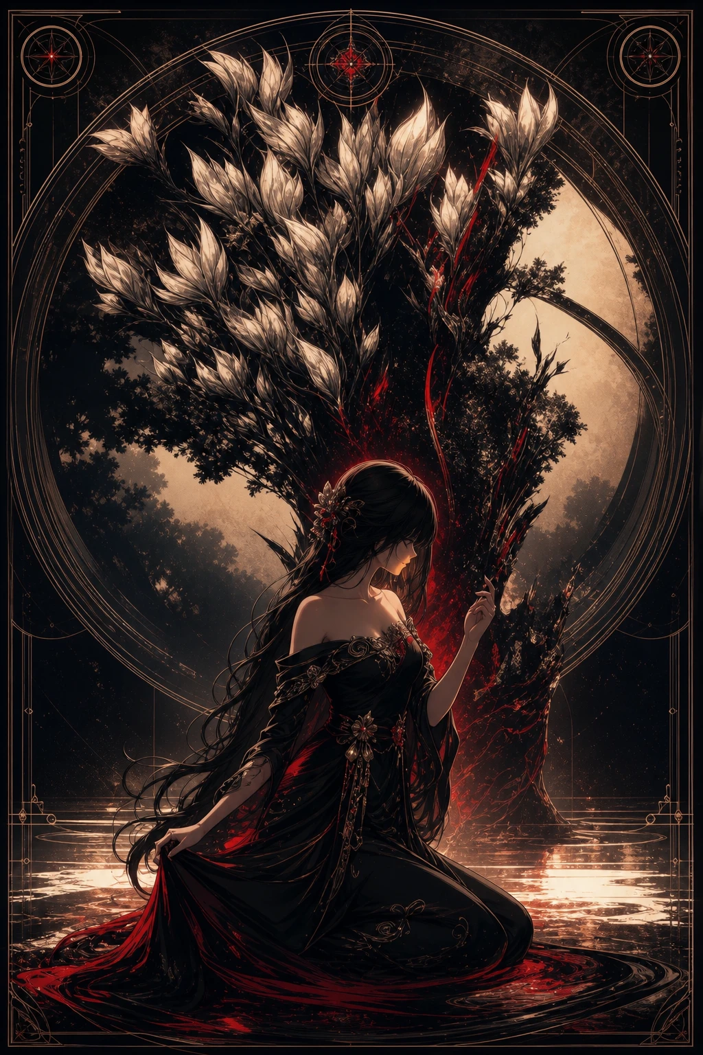 Melancholic anime woman kneeling in an elegant black dress