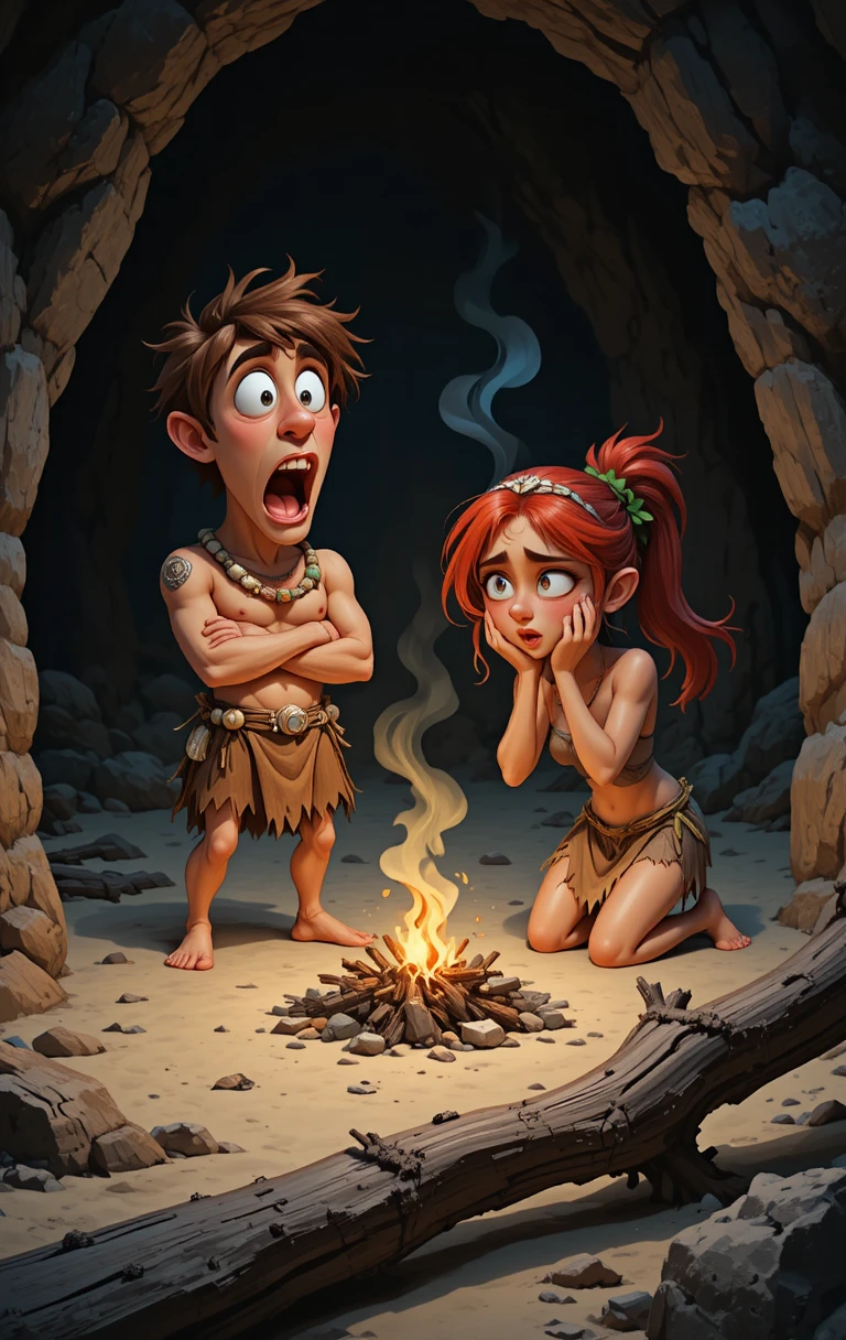 Prehistoric couple panicking beside a fading cave campfire