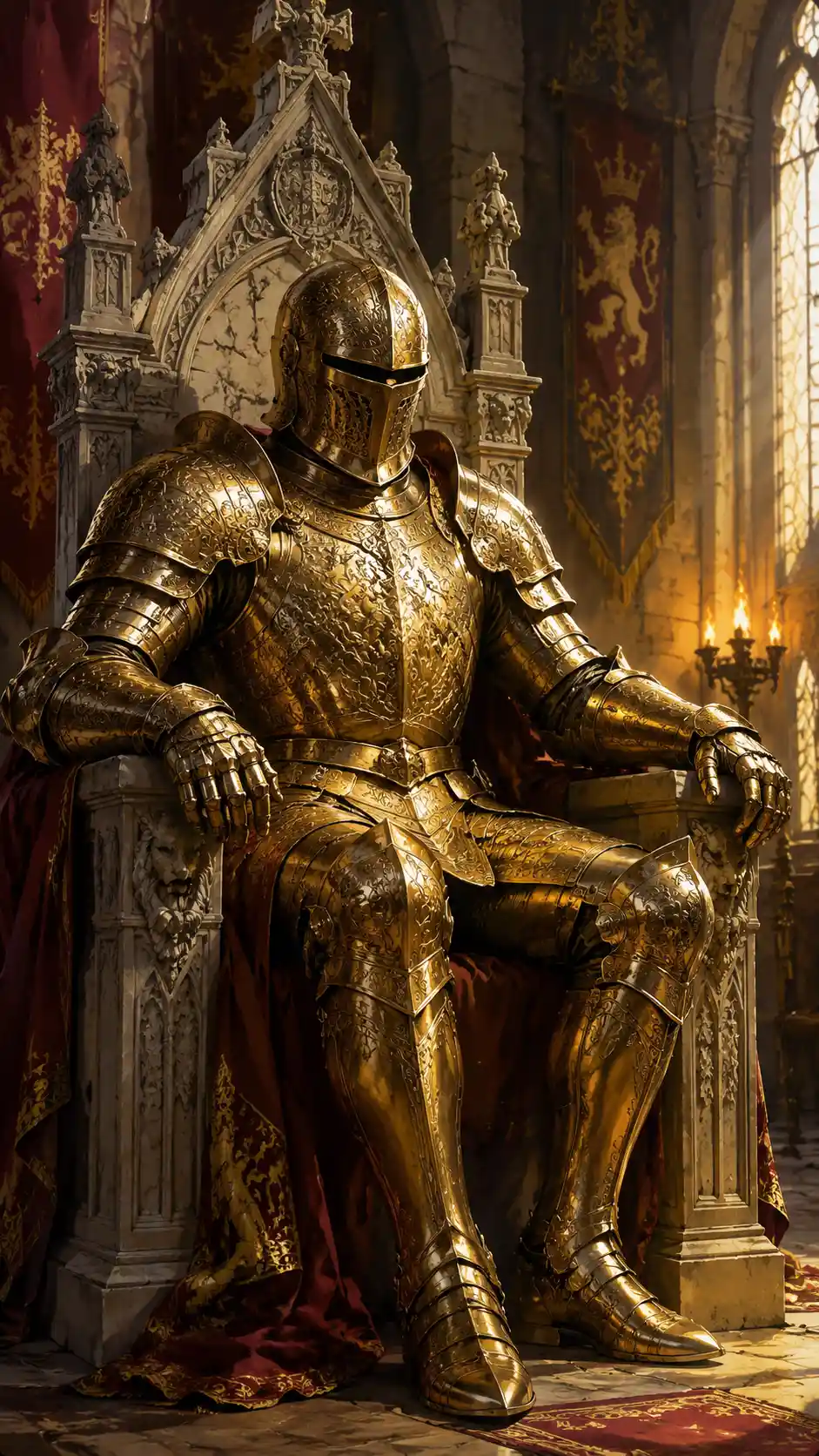 Golden armoured knight on a throne in a castle hall