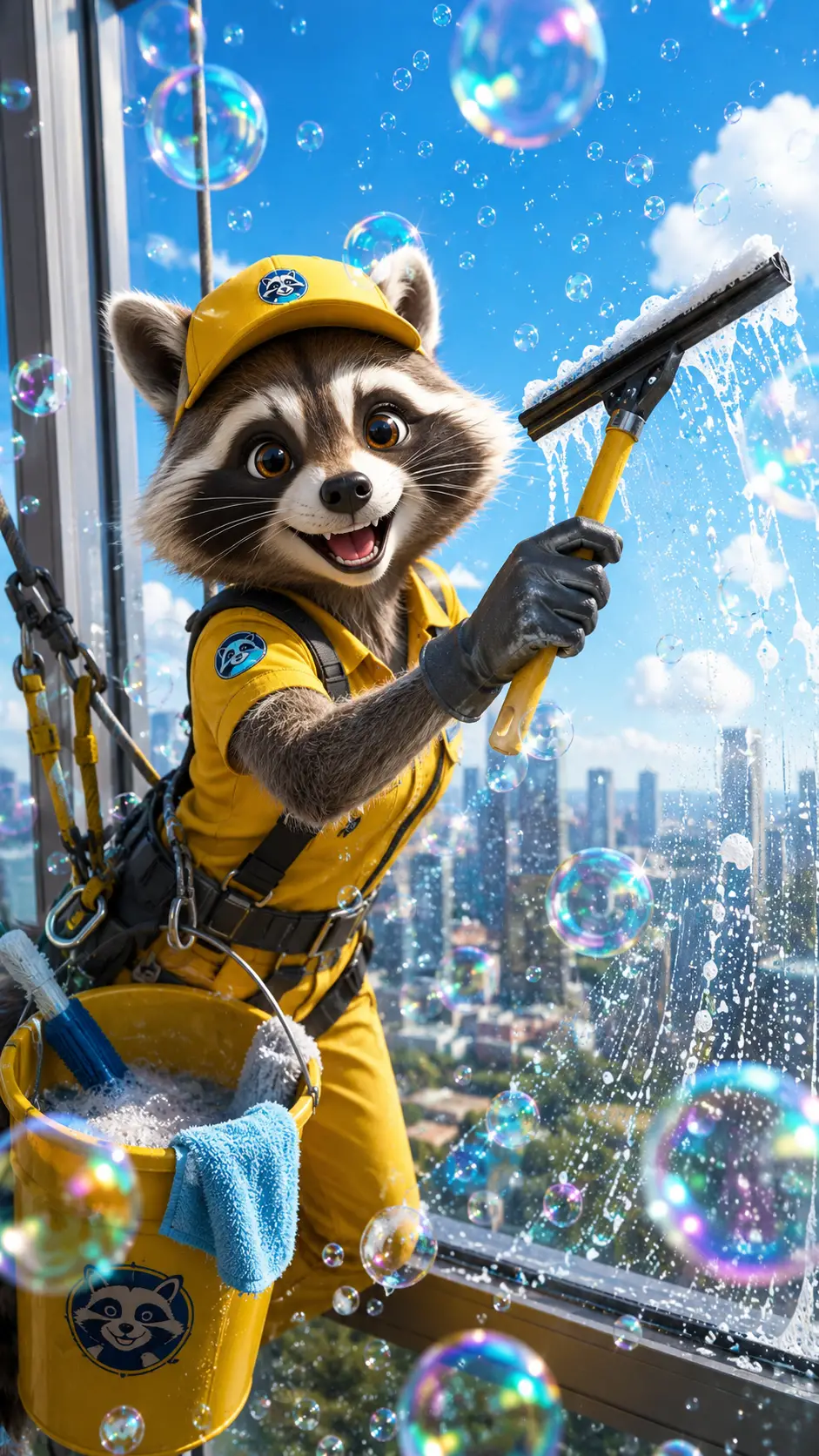 Cheerful raccoon window cleaner with colorful soap bubbles