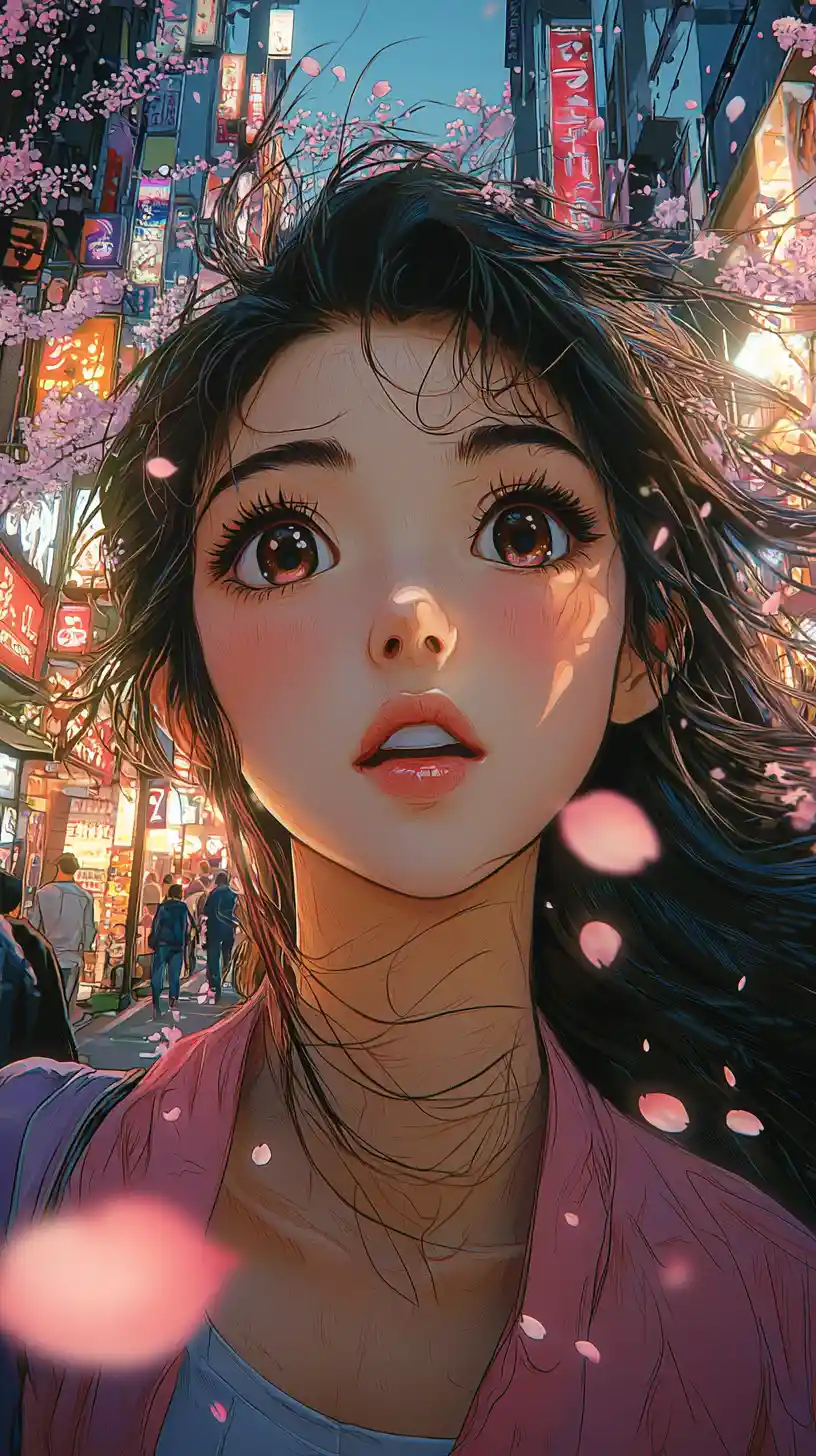 Anime woman at dusk on neon tokyo street with sakura