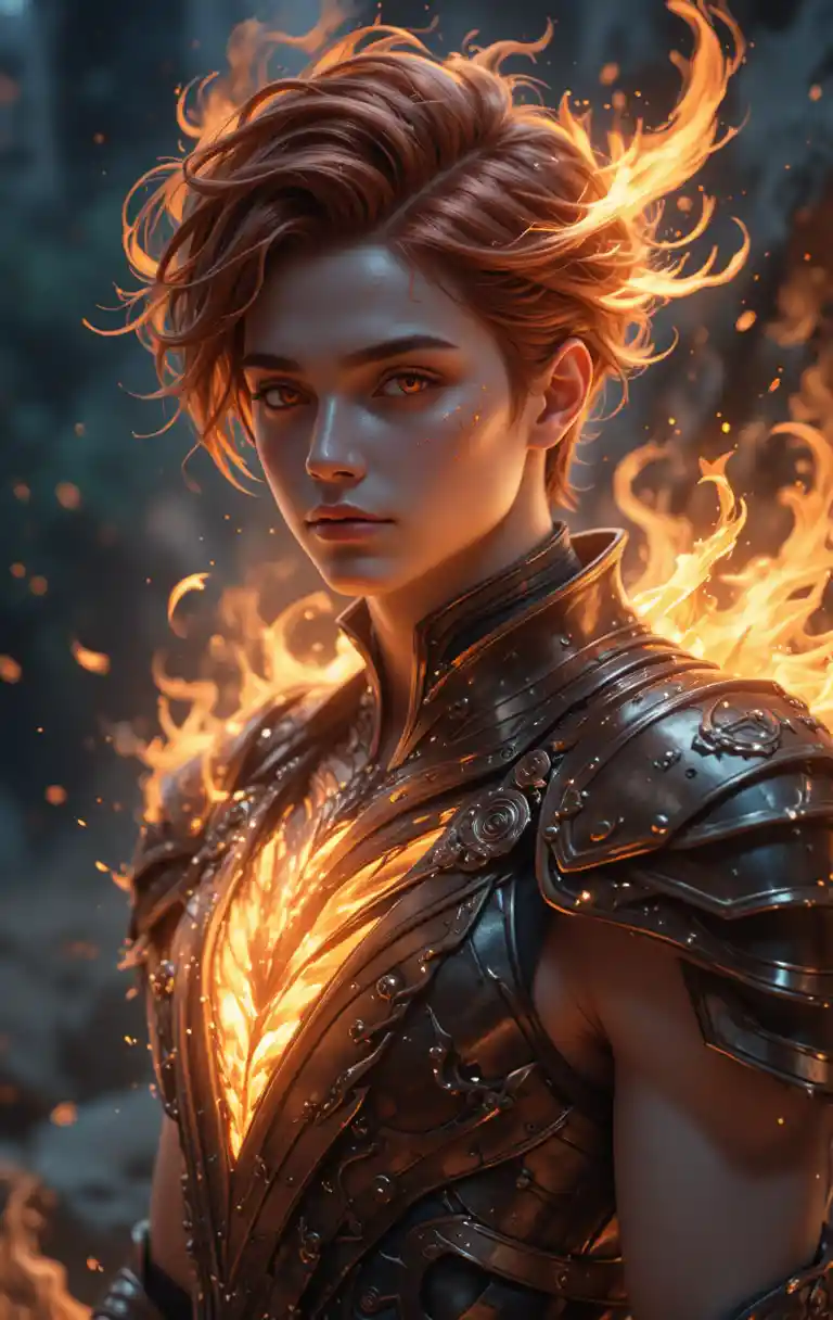 Fire phoenix warrior with glowing scars in anime style