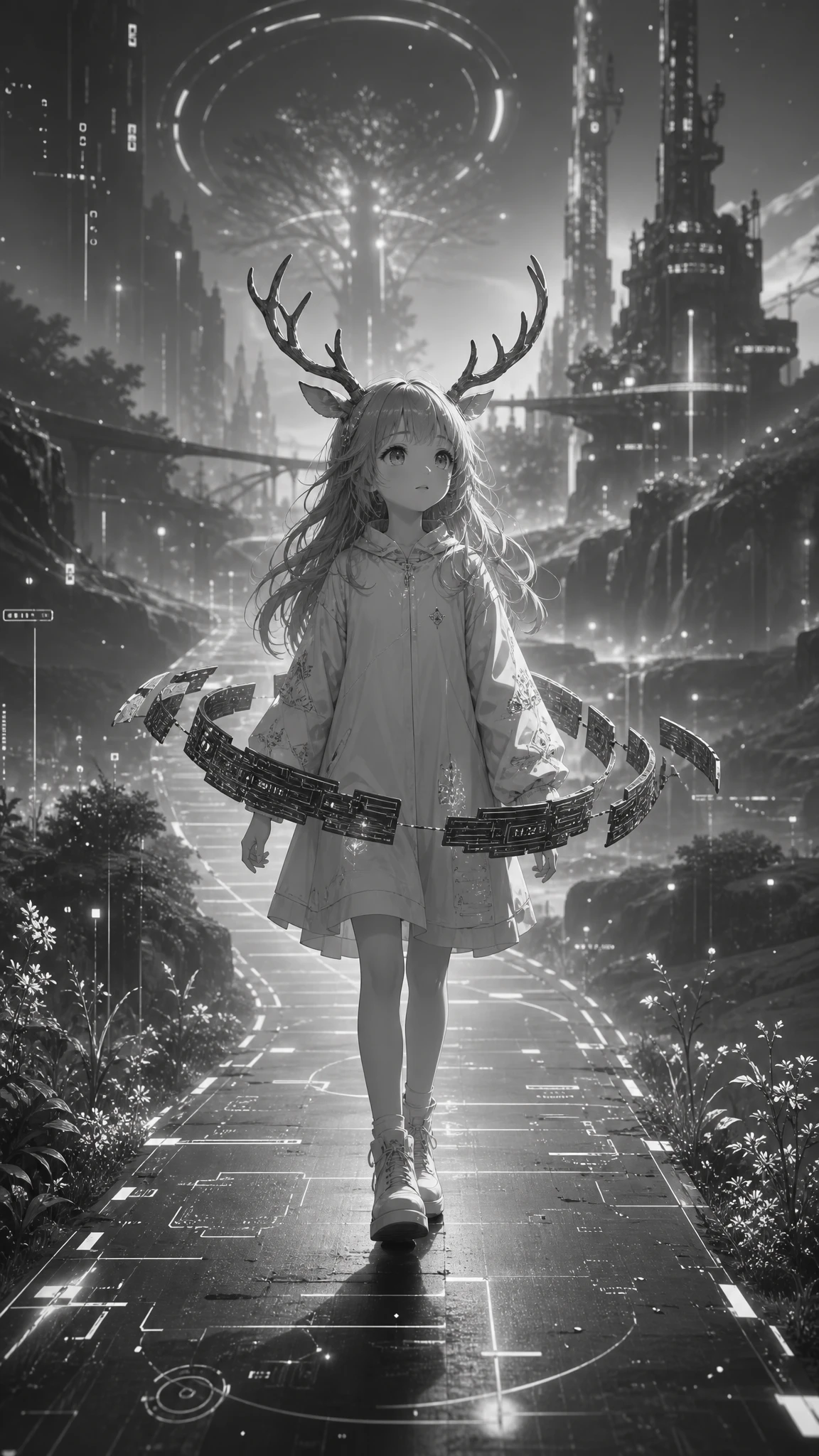 Young girl with antlers on a glowing cyber path