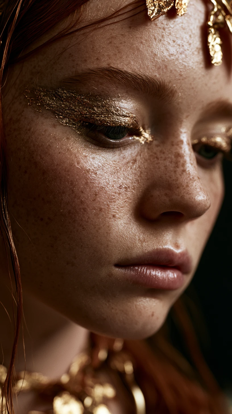 Mujer pelirroja en primer plano con iluminación suave cinematográfica