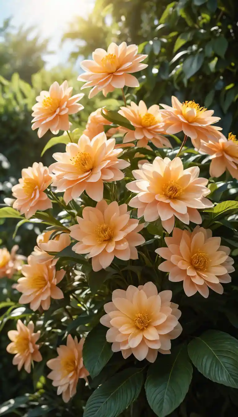 Large Peach Flowers In Sunlit Green Garden Close Up
