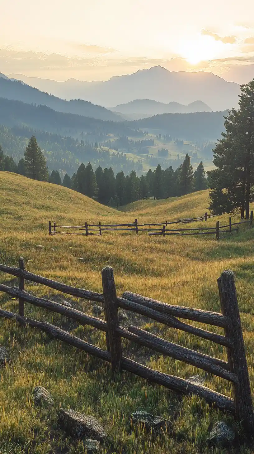 Golden sunrise over misty green hills and wooden fence