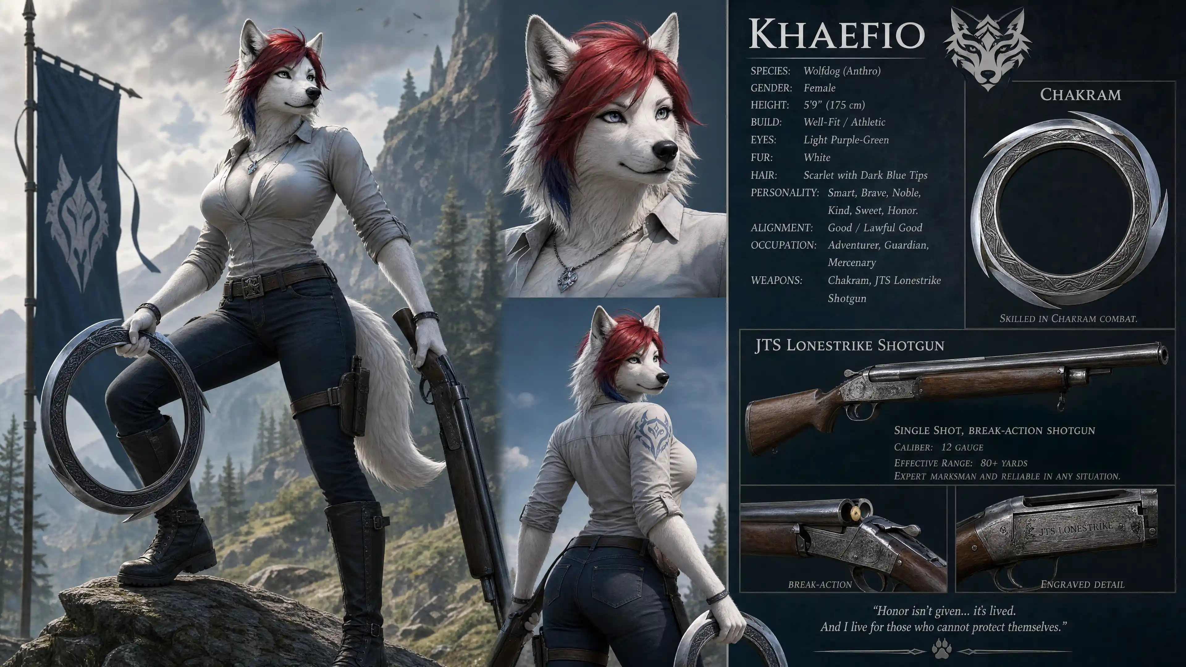 Anthro white wolfdog warrior woman with chakram and shotgun