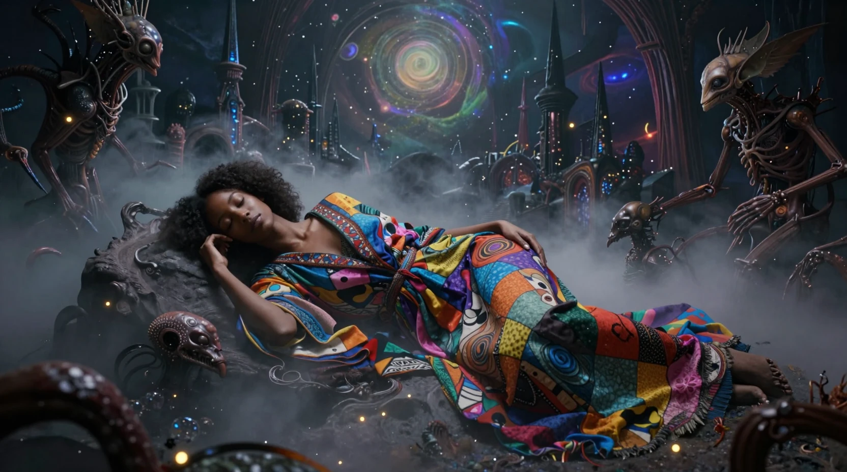 Sleeping woman in a glowing surreal dreamscape with orbs