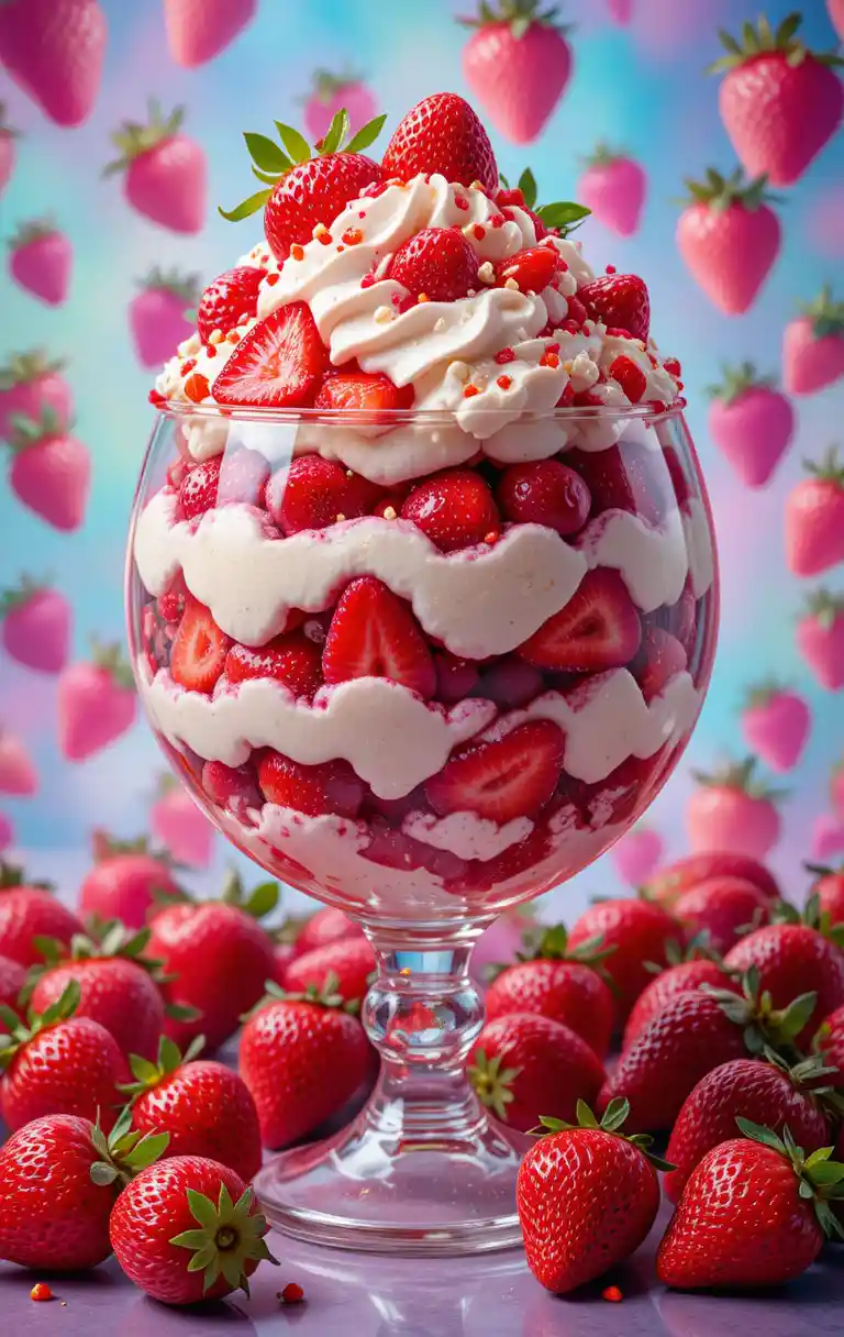 Giant strawberry parfait sundae in a round glass goblet