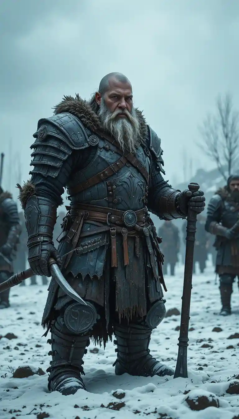 Dwarf warrior with war axe on a snowy battlefield
