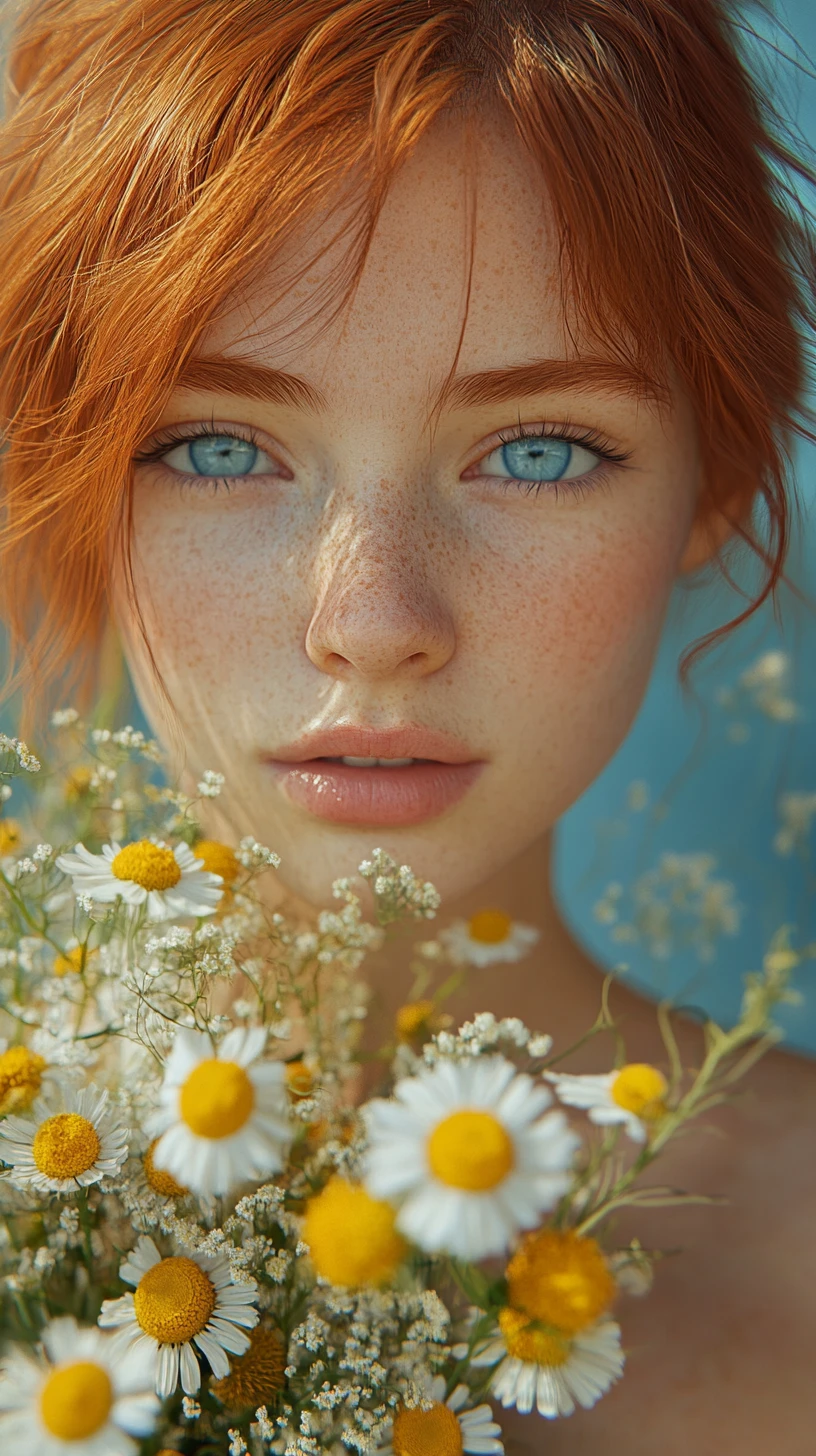 Chica pelirroja con ramo de flores silvestres a la suave luz del sol