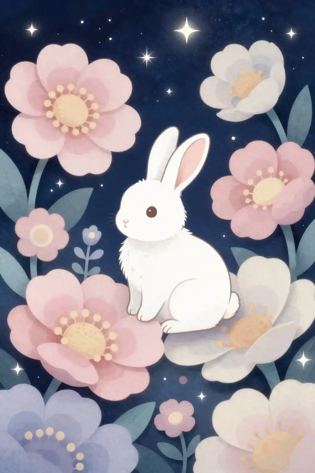 Cute rabbit in flowers under an indigo starry night sky