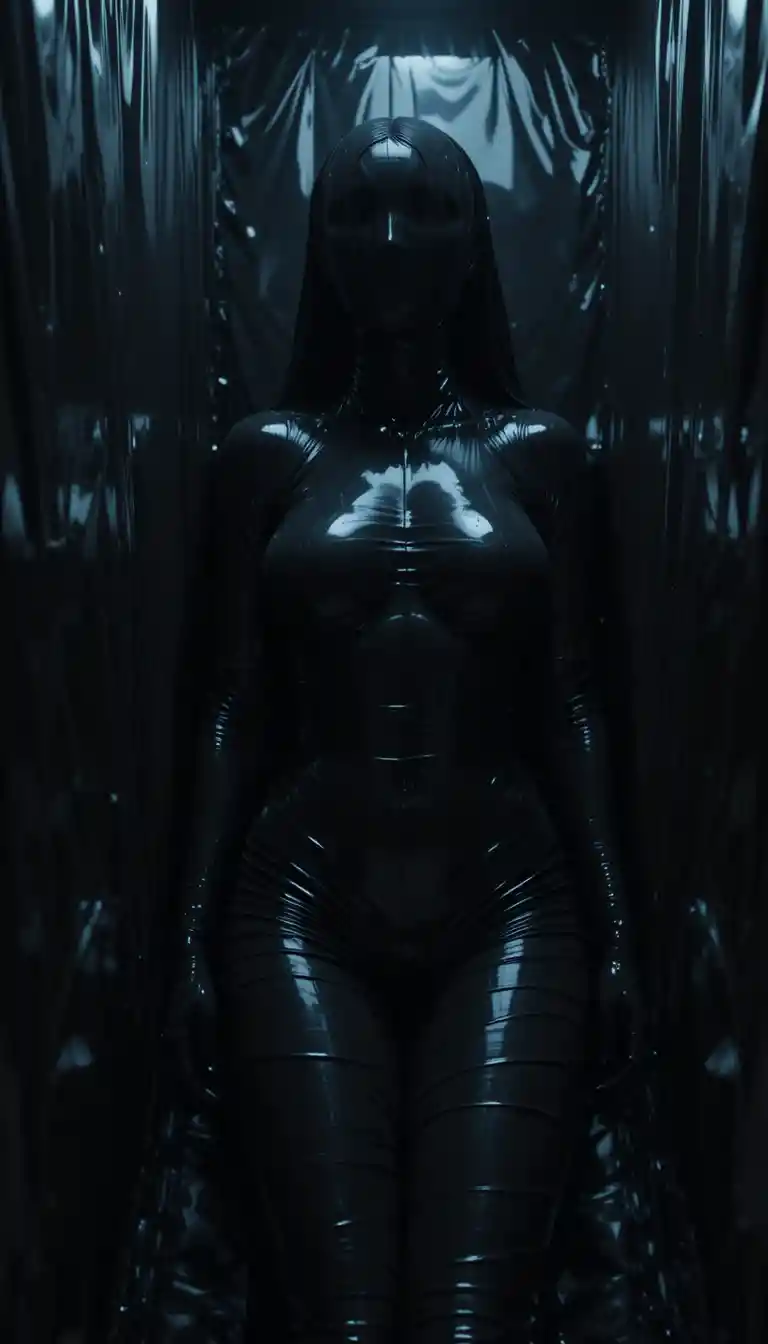 Cinematic silhouette of a woman sealed in glossy latex