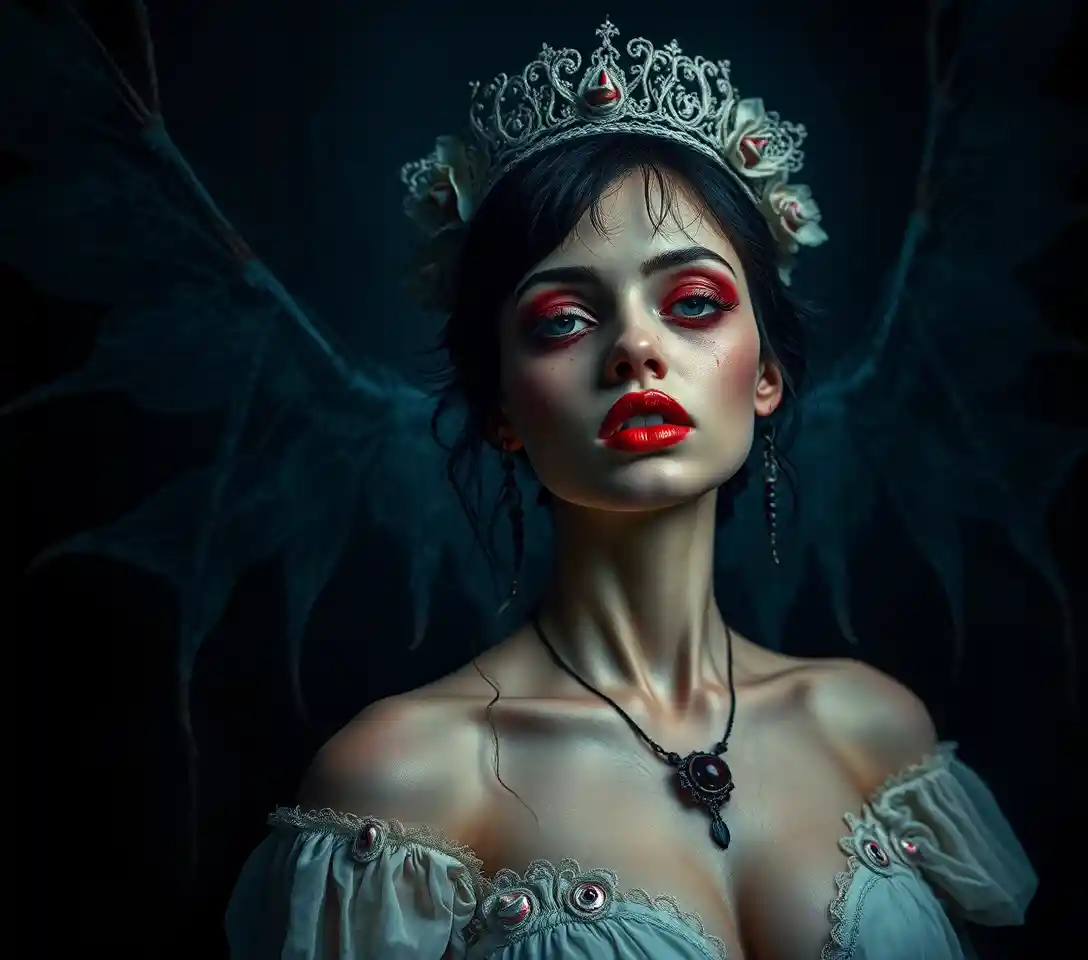 Haunting surreal portrait of Lily Rader in vibrant horror fusion