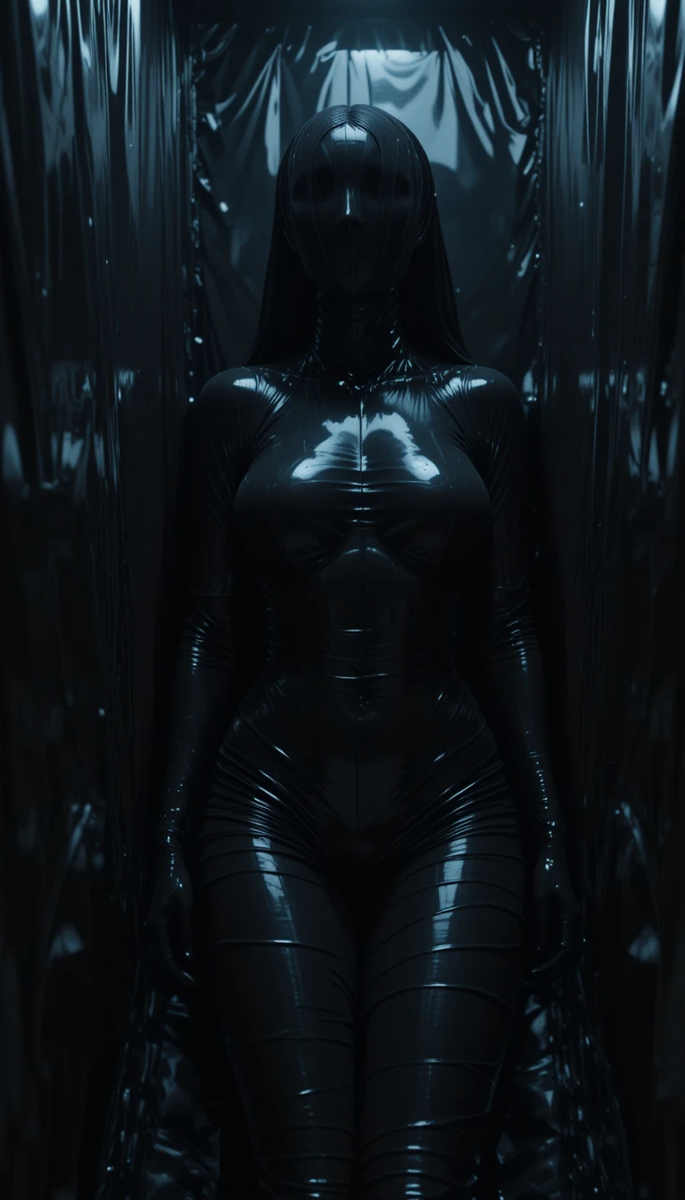 Cinematic silhouette of a woman sealed in glossy latex