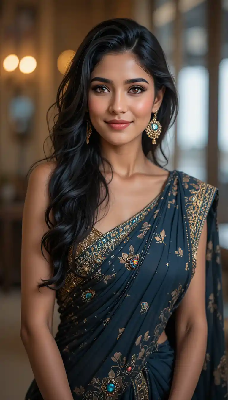 Confident Indian woman with a warm golden smile