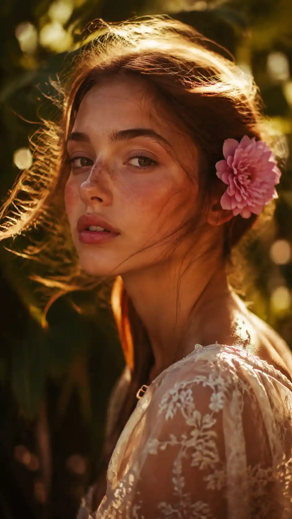 Dreamy close up portrait of girl in botanical garden