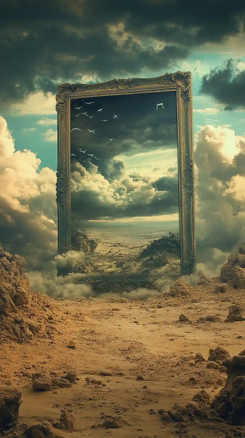 Distant fantasy worlds with a lone empty picture frame