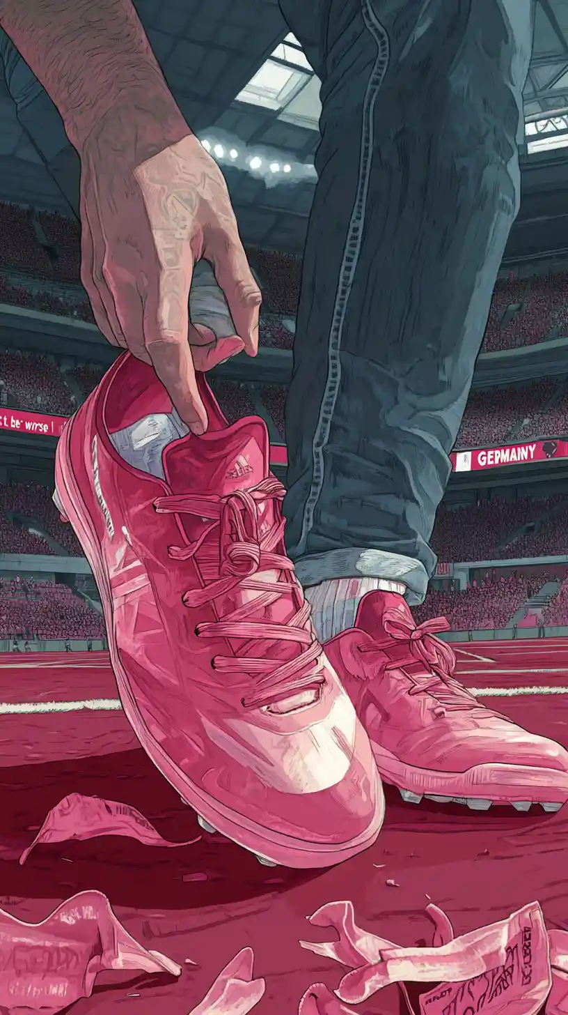 Laughing soccer player holding pink cleats in stadium