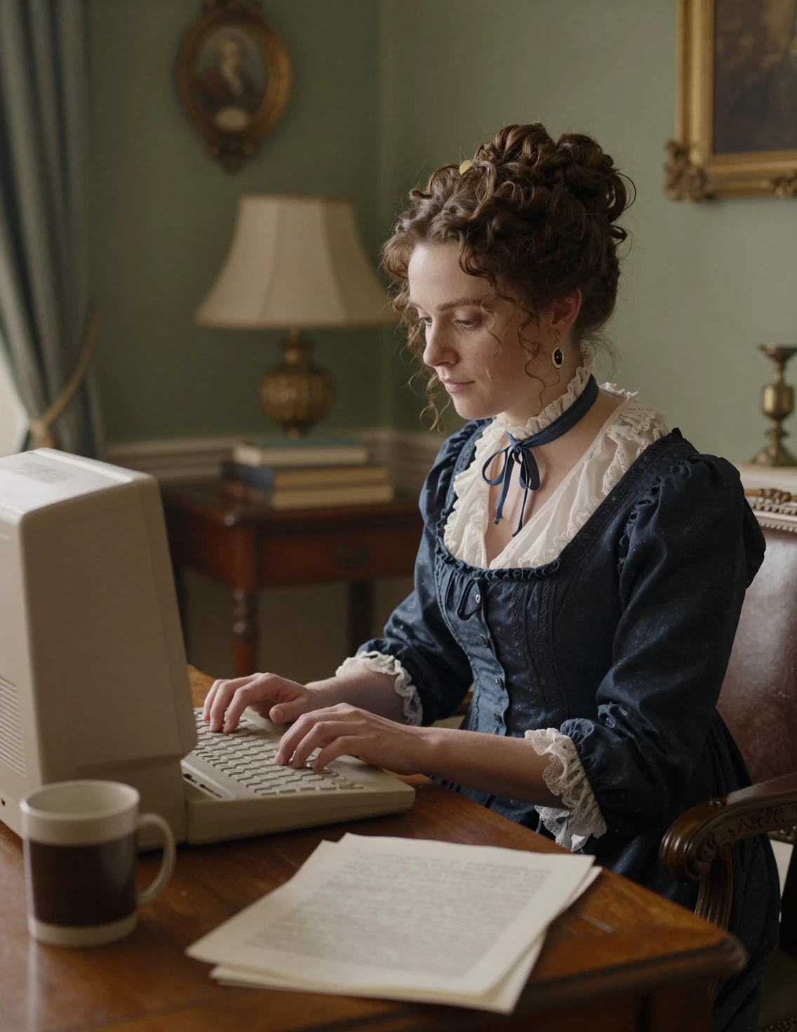 Mujer escribiendo en un escritorio con computadora vintage en la sala de estar
