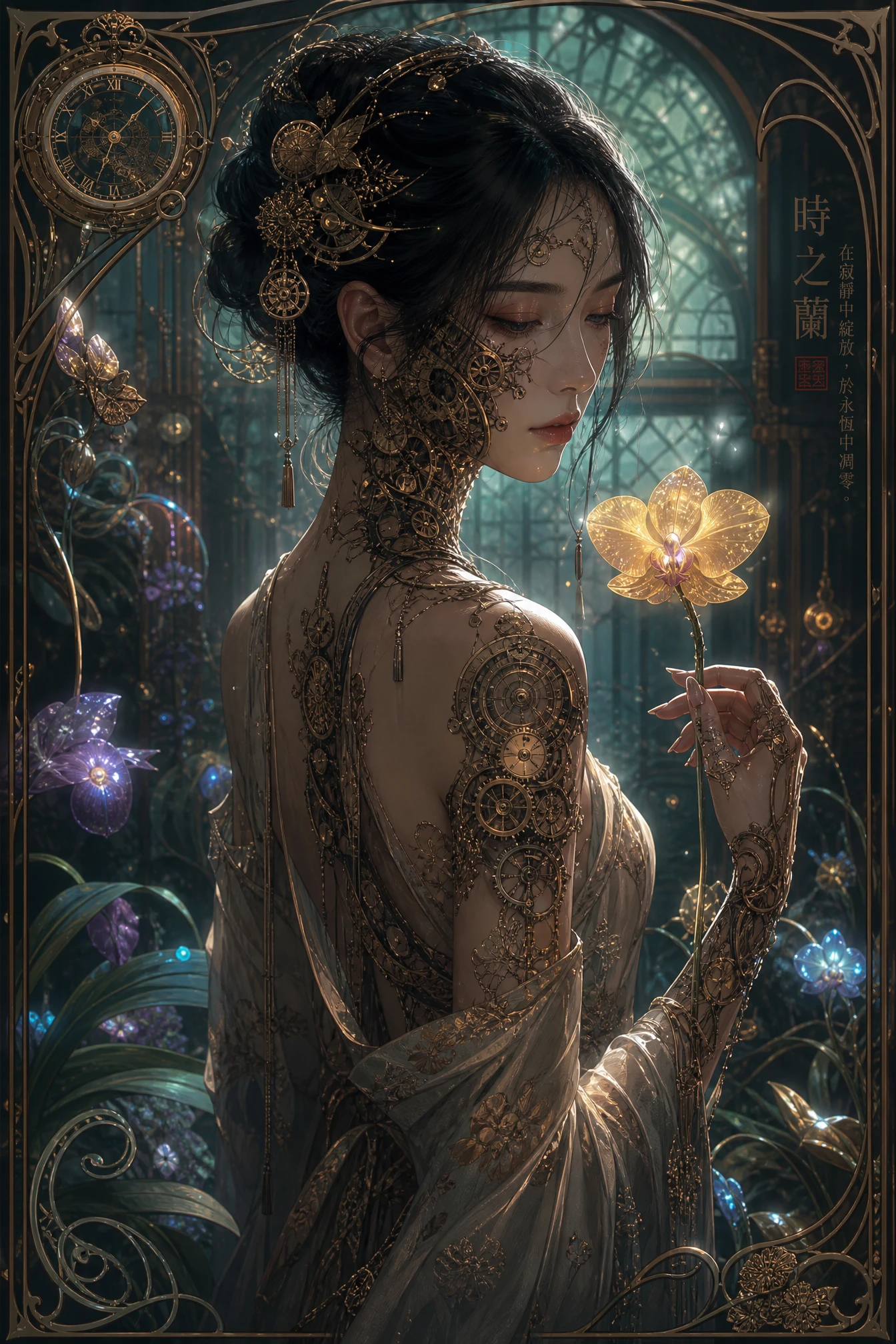 Chinese woman with clockwork skin in glowing greenhouse