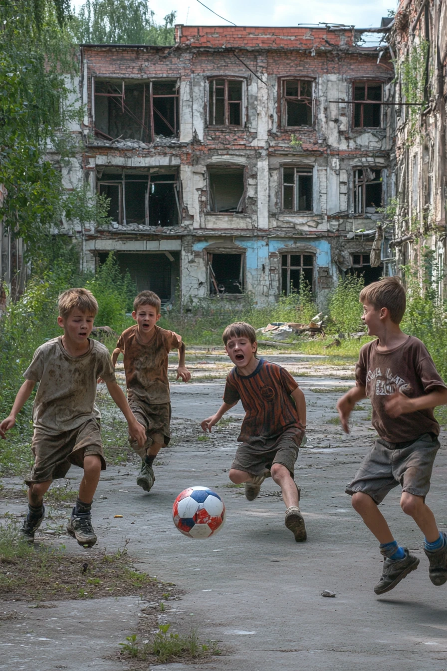 Young boys playing soccer in a ruined city schoolyard