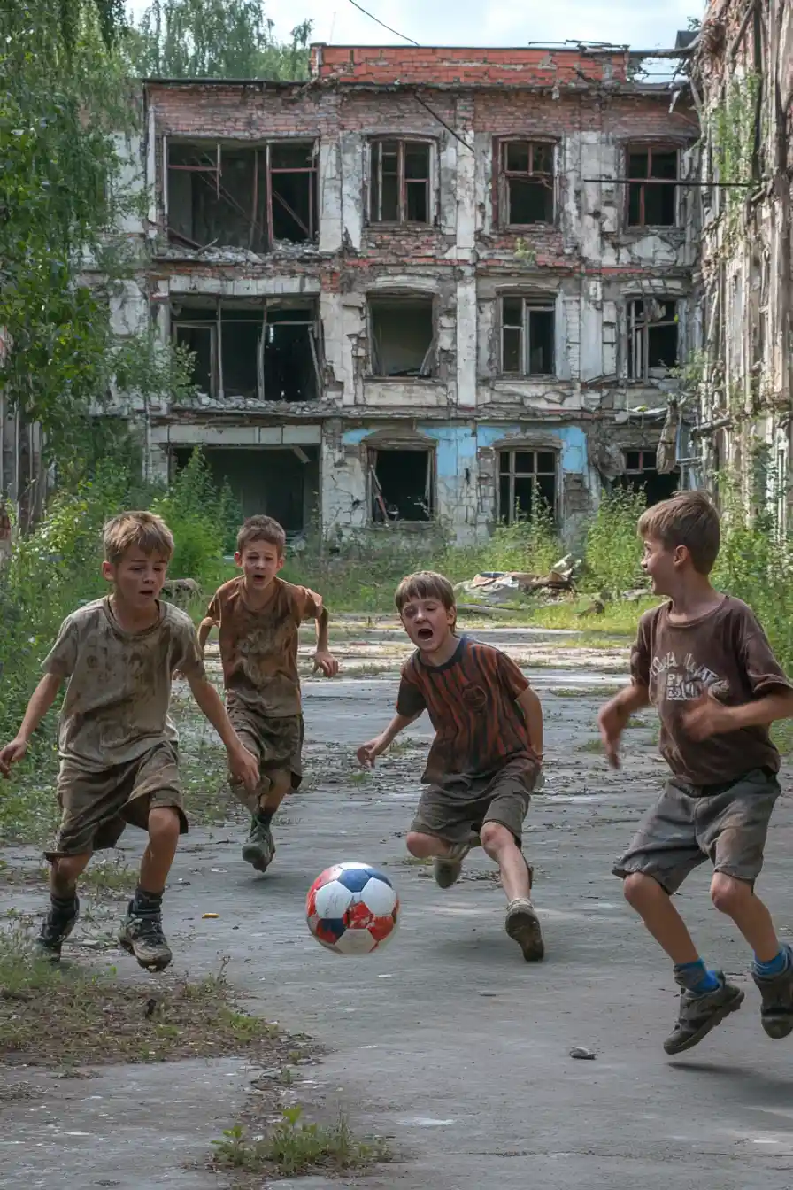 Young boys playing soccer in a ruined city schoolyard