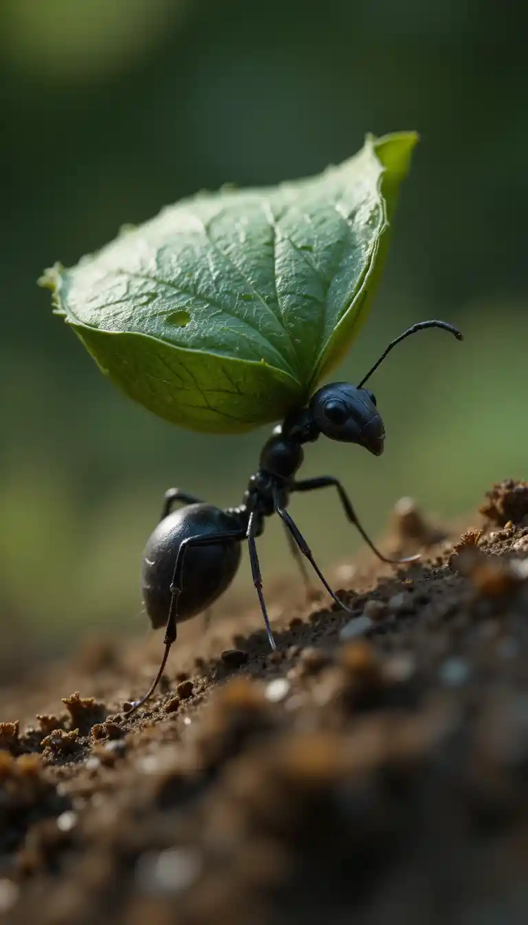 Macro view of a tiny black ant carrying a green leaf