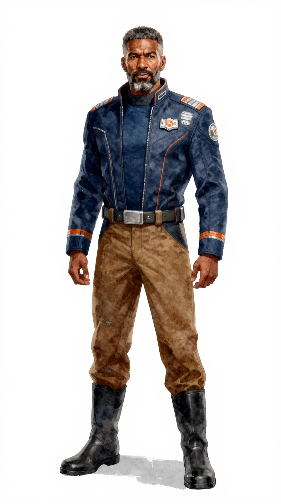 Confident starship officer in futuristic navy blue uniform