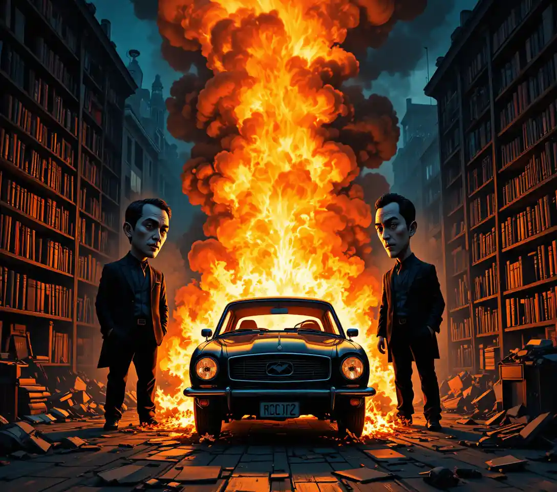 Three men watch a burning car in a dark library