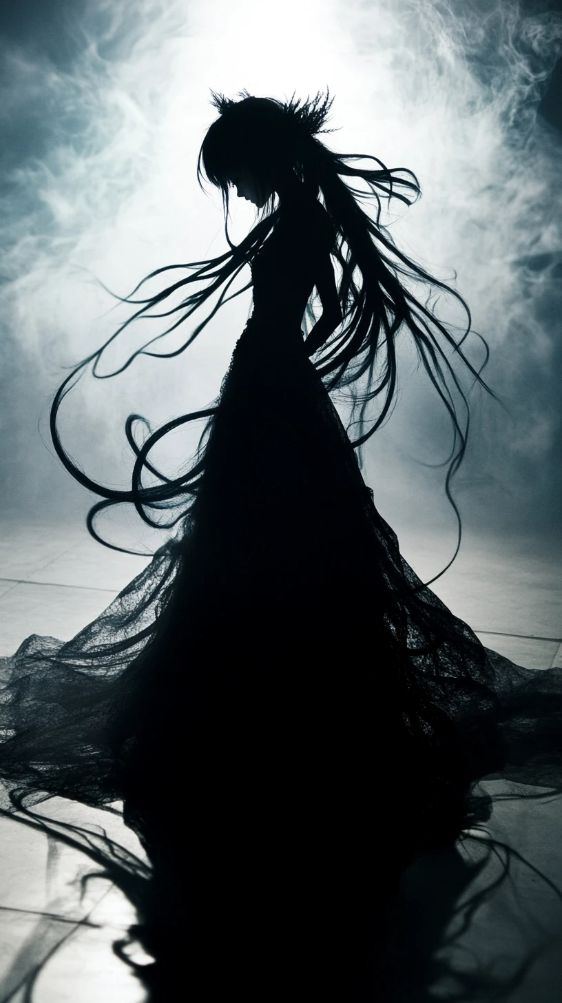Gothic anime fairy standing still in inky darkness
