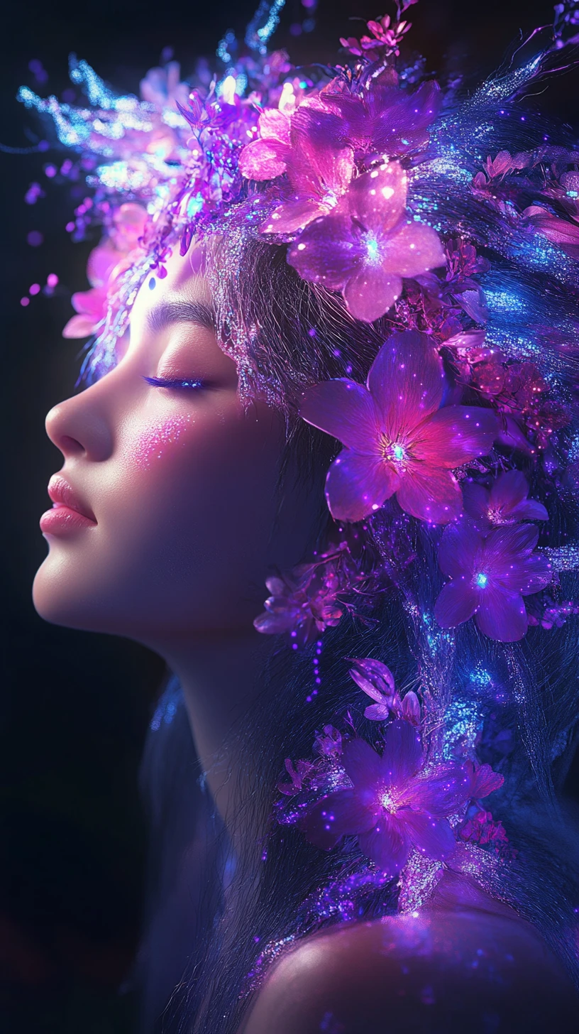 Serene Woman In Profile With Glowing Bioluminescent Flowers