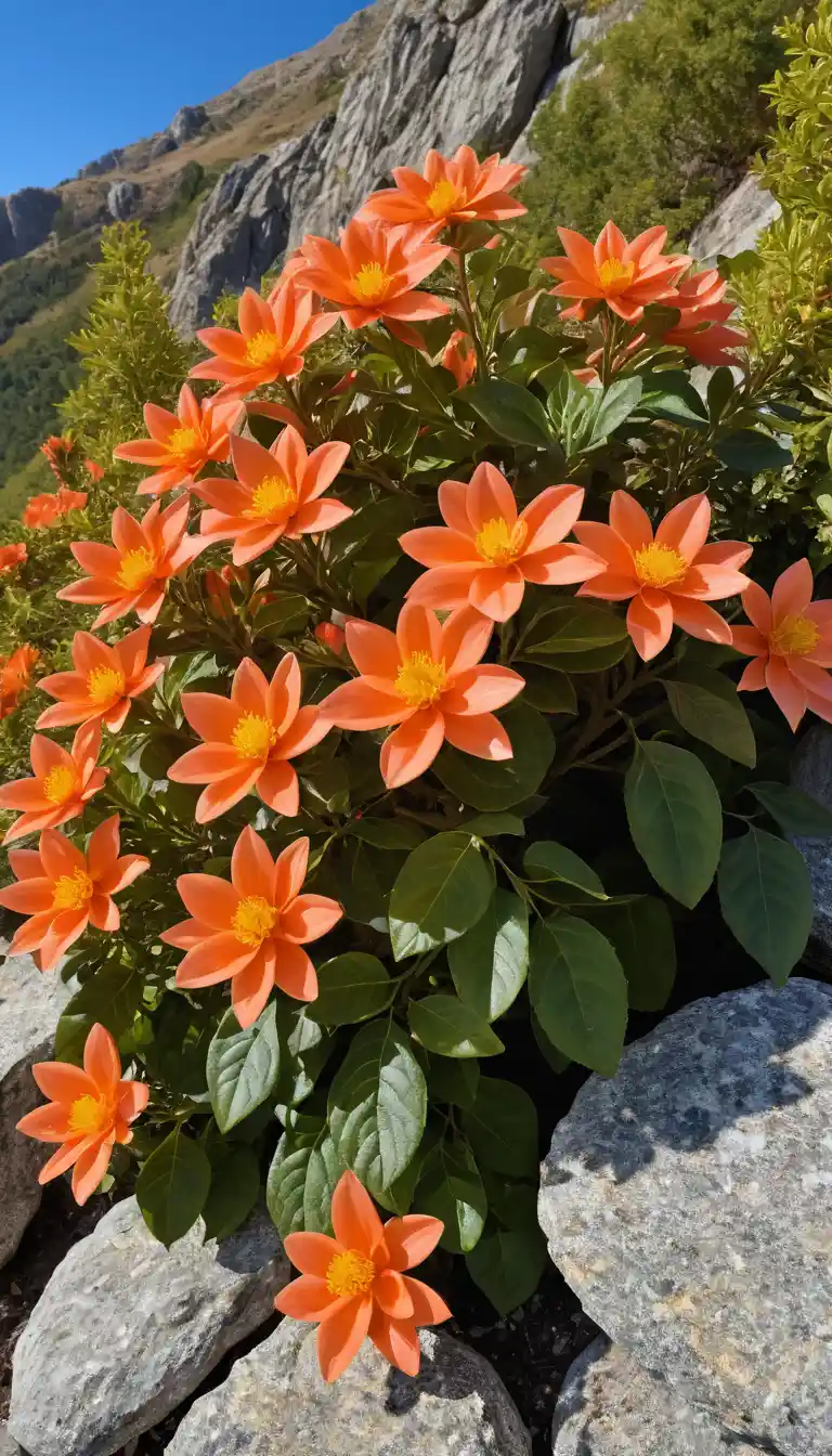 Giant orange flowers blooming on a rocky mountain slope