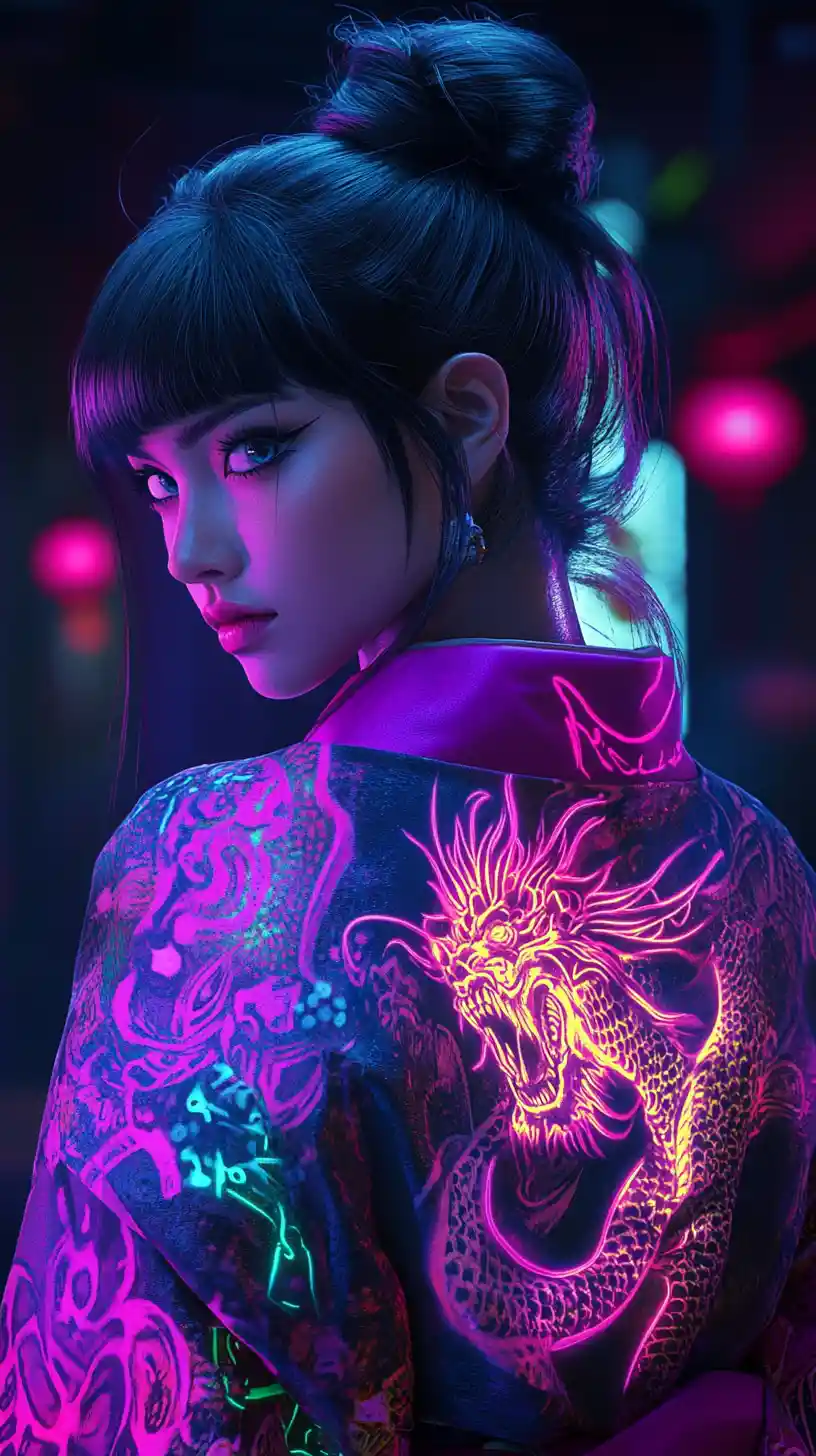 Cyberpunk anime woman in kimono with glowing back tattoos