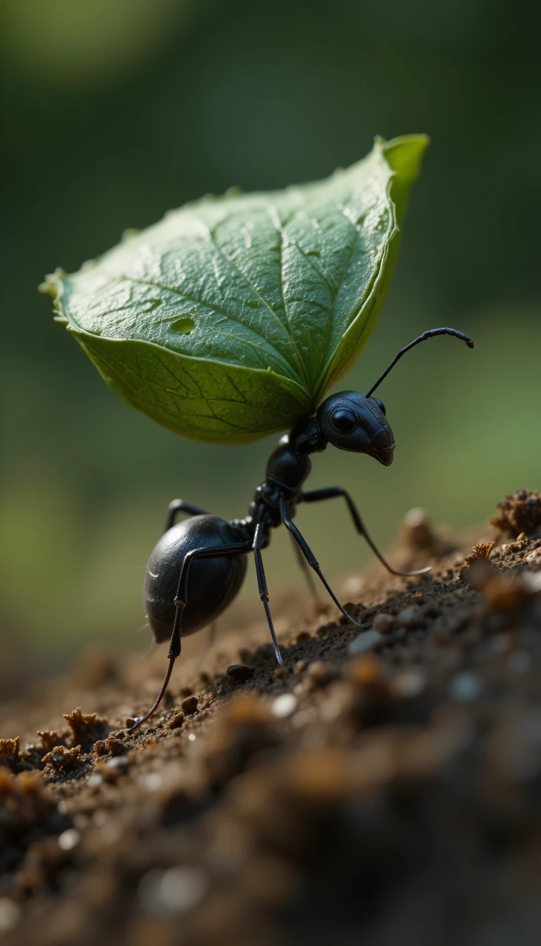 Macro view of a tiny black ant carrying a green leaf
