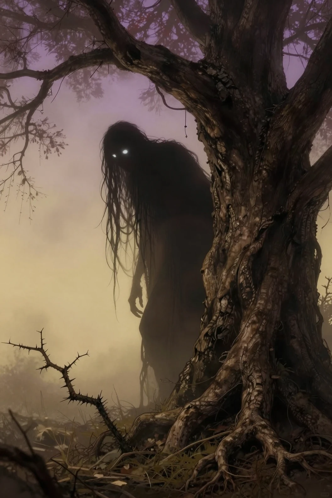 Shadowy humanoid creature emerging from an ancient tree
