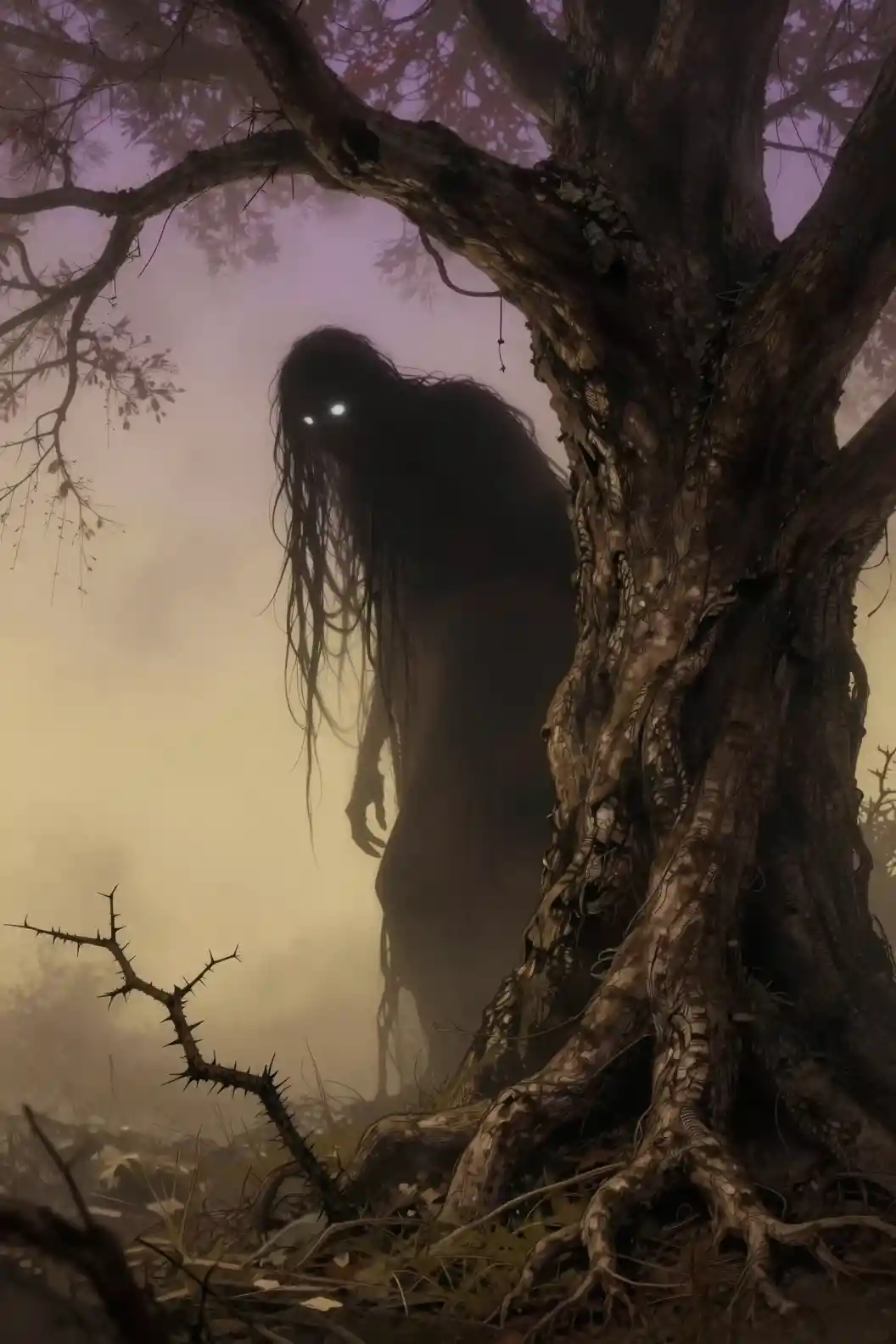 Shadowy humanoid creature emerging from an ancient tree