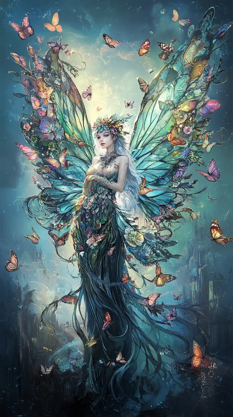 Serene fantasy empress wrapped in living butterfly wings